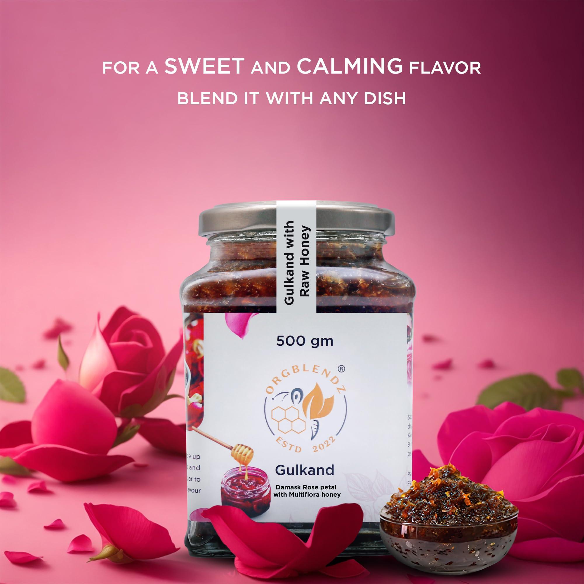 ORGBLENDZ ORGBLENDZ- Gulkand Organic without Sugar 500Gm |Sugarfree Jam| Honey with rose petals Sun Cooked|Good for Gut Health | Natural Coolant | No artificial chemicals or preservatives
