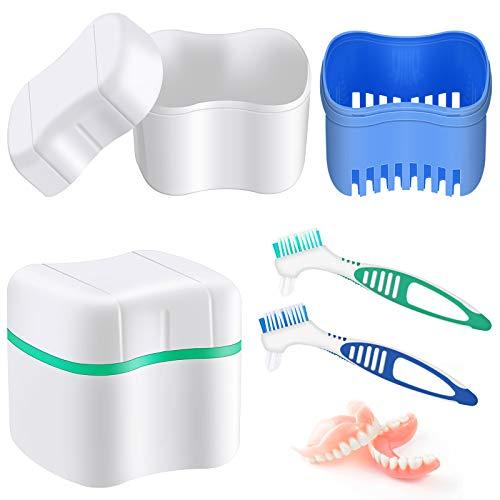 Patelai 2 Denture Bath Cases with 2 Denture Cleaner Brushes Denture Boxes Dentures Container with Basket Denture Holder Brush Retainer Case for Travel Retainer Cleaning (Lake Blue, Light Green, Blue, Green)