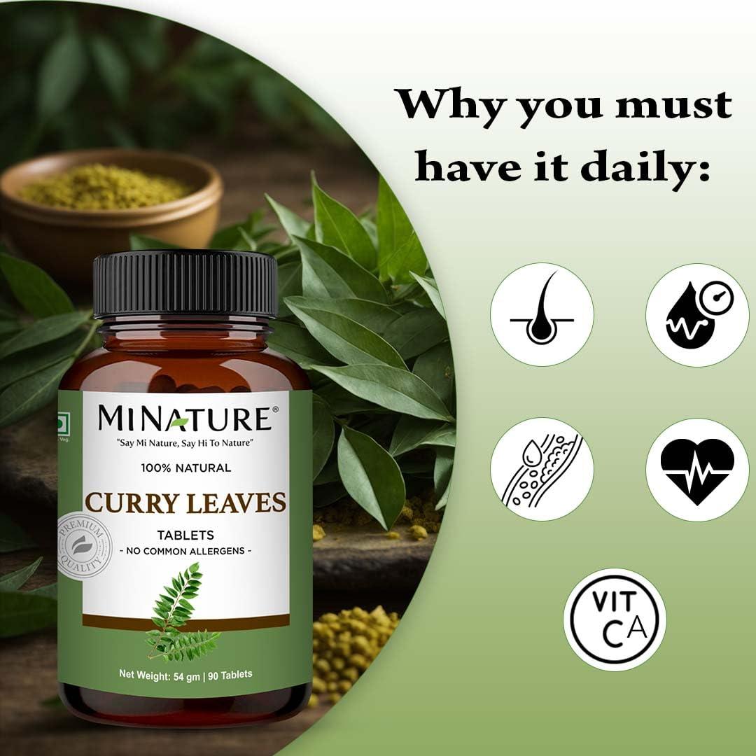 minature mi nature curry Leaves Tablet (Murraya koenigii) | Pure & Natural | Free from chemical & Preservative| Plant Based Gluten Free |90 Tablet, 45 Days Supply 1000mg