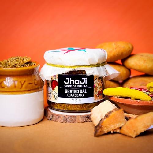 JhaJi - Taste of Mithila JhaJi - Taste of Mithila Oal Ginger Chilli Mix Pickle | Tangy, Spicy, And Gingery Aftertaste | Grated Jimikand Pieces | Sun-Dried | Bihari-Style Homemade Pickle, 500G