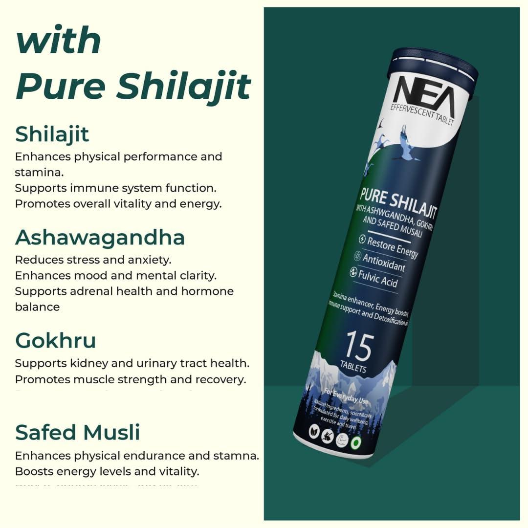 NEA Nea Ayurvedic Himalayan Shilajit Effervescent with Ashwagandha, Safed Musli & Gokhru | 2 Bottles of 15 Tablets Each
