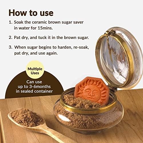 JBK Pottery Terra Cotta Brown Sugar Saver, Food-Safe Sugar Preserver for Long-Term Use, Brown Sugar Softener for Cookies, Dried Fruits, & Marshmallows, Sun Design - JBK Pottery