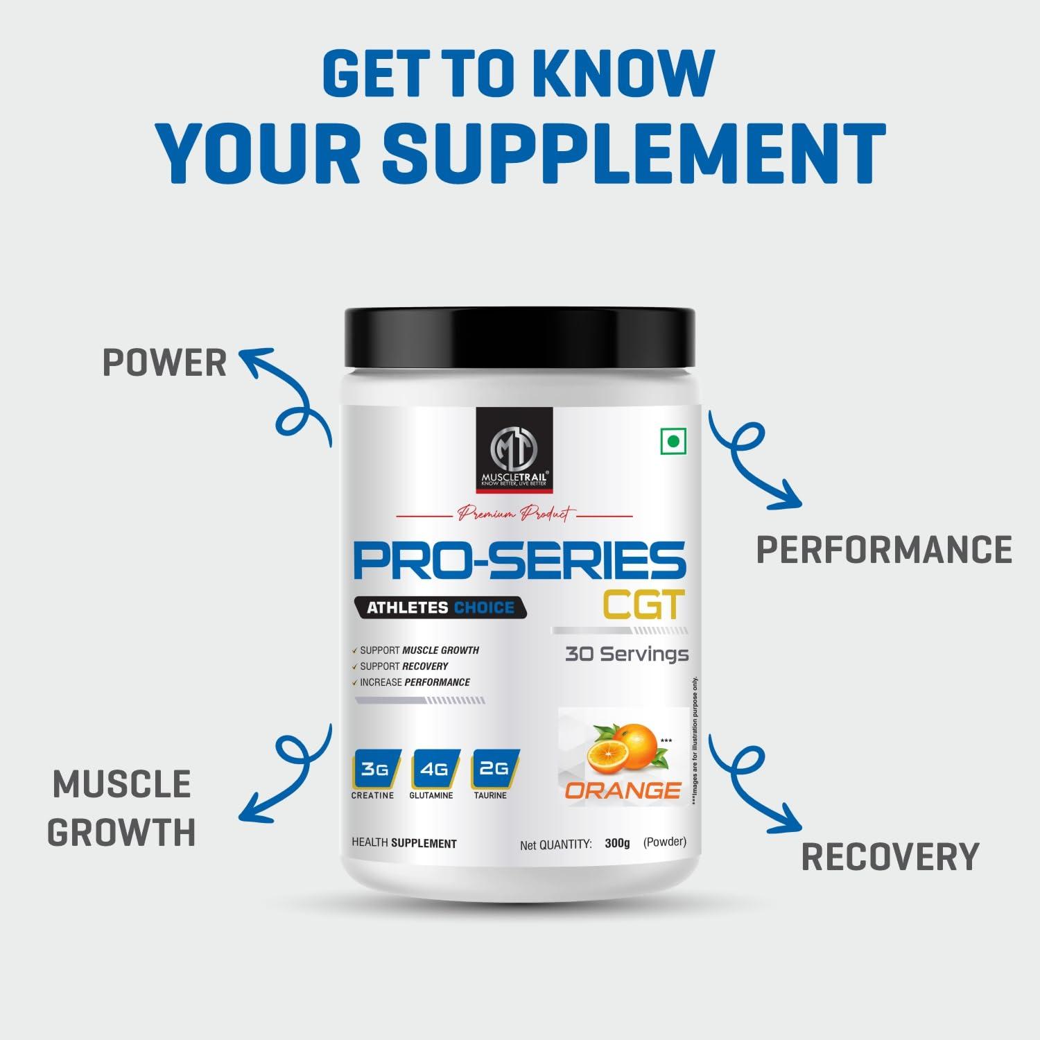 MuscleTrail Muscle Trail Pro Series CGT | Health Supplement Powder | 300g, 30 servings (Orange) | 3g Creatine, 4g Glutamine, 2g Taurine |