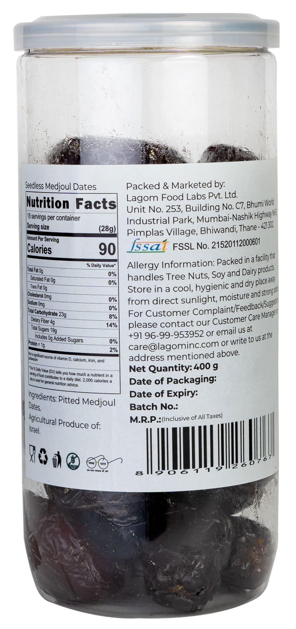 LAGOM Lagom Gourmet Seedless Medjool Dates 400g | All Natural | No Preservatives | No Added Sugar | Gluten Free | Vegan | Plant Based | Non GMO | Dates Dry Fruits | Khajur | Khajoor | Khejur | Medjoul Dates