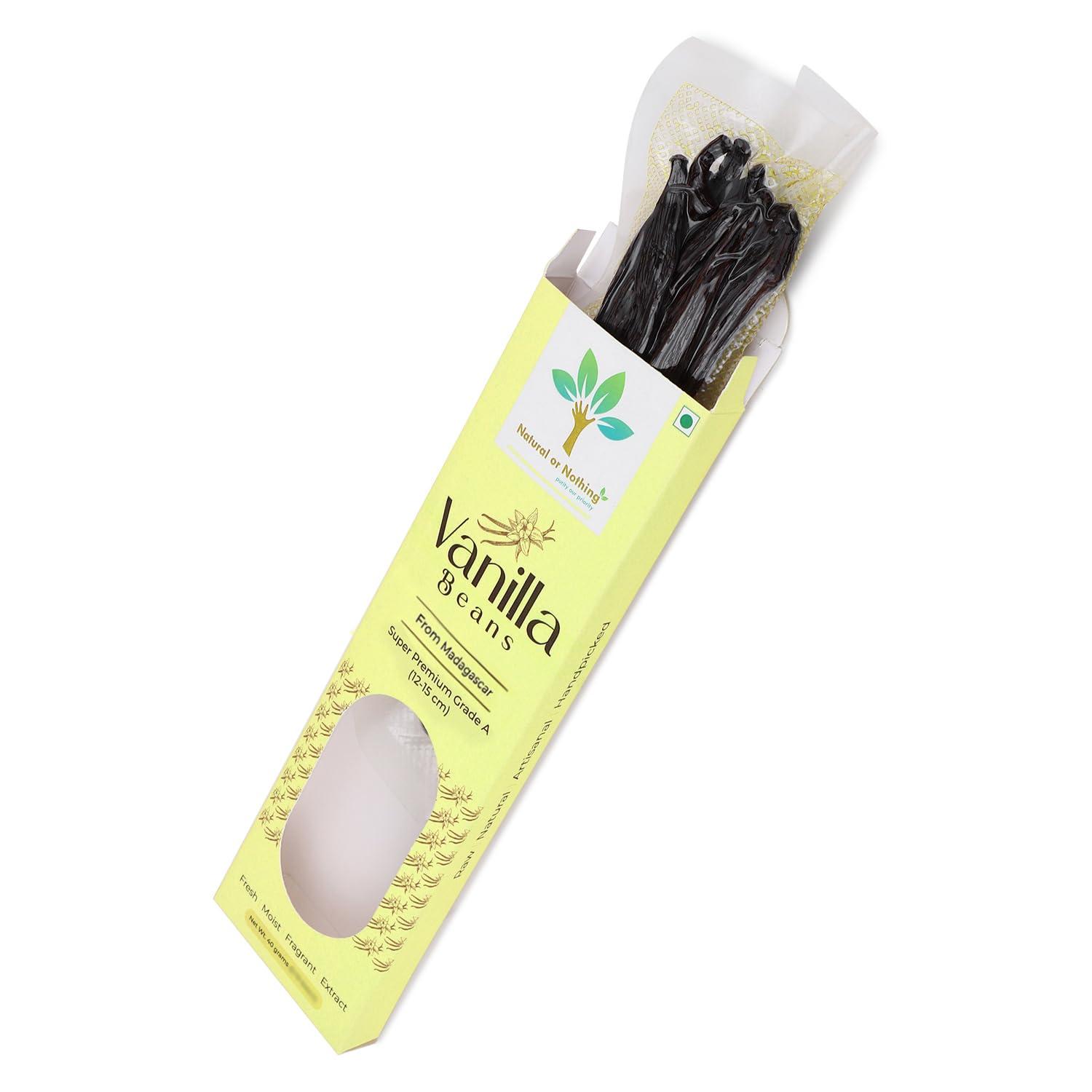 Natural or Nothing Gourmet Vanilla Beans from Madagascar | 40 Grams (16-18 Beans) | Super Premium Grade A (12-15 cm) Pods | Sticks | For Baking, Extract, Cooking, Ice Cream, Coffee Brew