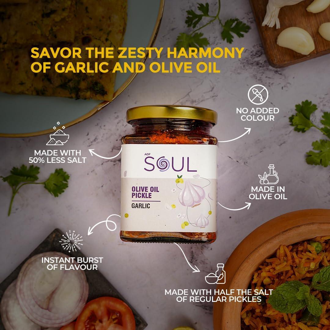 ADF Soul Soul Pickle In Olive Oil Combo Pack of 2 (Mango Pickle 265 GM + Garlic Pickle 275 GM)