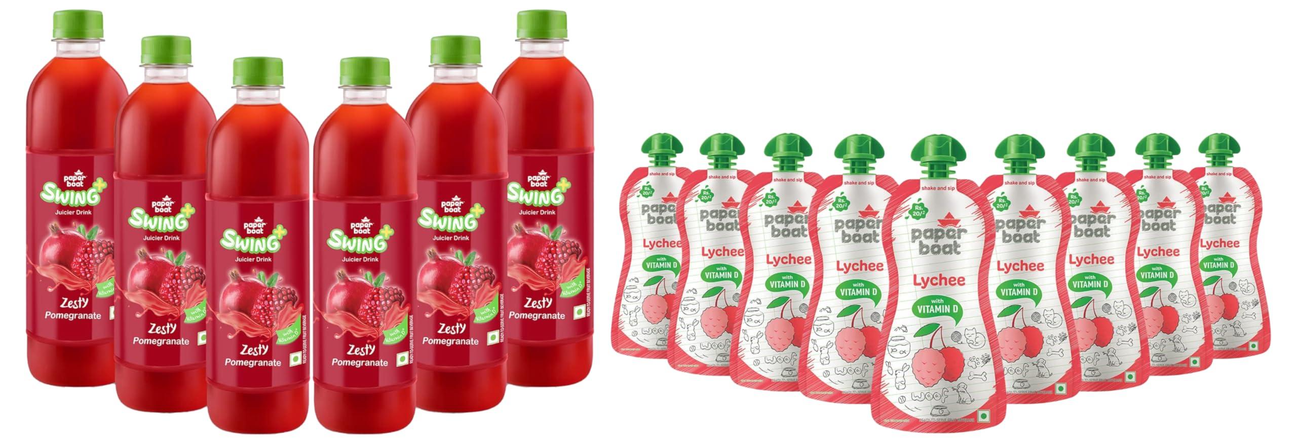 Paper Boat Paperboat Swing Zesty Pomegranate Juice with Vitamin D, 600 ml Each - Pack of 6 & Paper Boat Lychee Juice, Litchi Jelly Drink Enriched with Vitamin D (Pack of 9, 150ml each), Pink