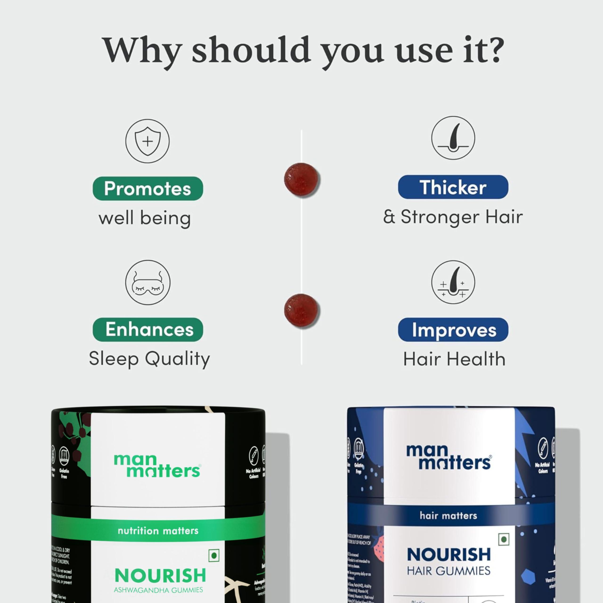 Man Matters Man Matters Ashwagandha Gummies & Biotin Gummies (120 Gummies) | 300mg Ashwagandha & Biotin | Nourishes Hair, Promotes Recovery, Enhances Well-Being, With Vit A, Vit C, Vit E, Zinc & DHT Blocker