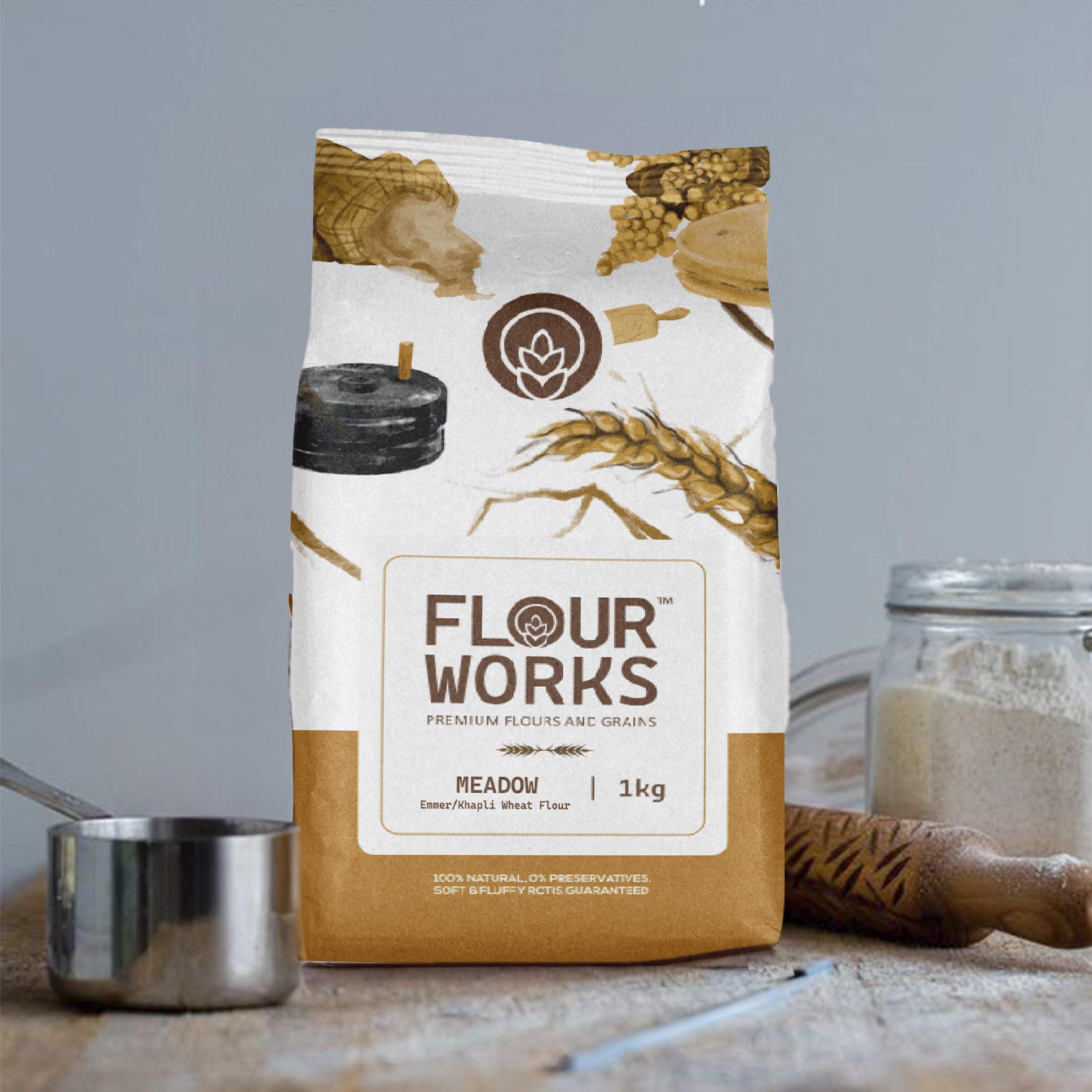 FLOUR WORKS FlourWorks Khapli Wheat Aata, 1kg | Meadow | Emmer Wheat Flour | Nutrient-Rich | High Fibre | Diabetic Friendly Atta | Stone Mill Ground Fresh Flour