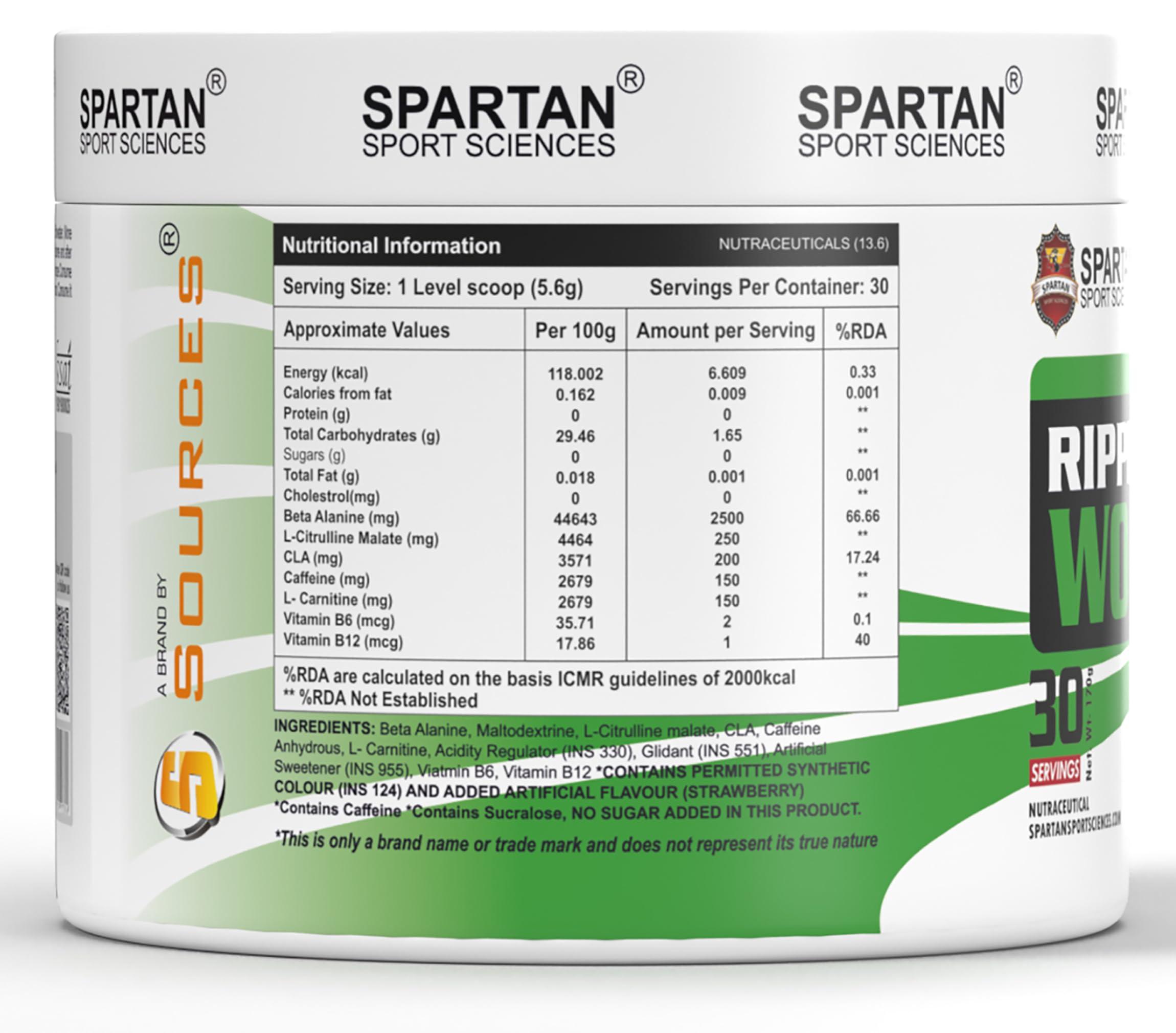 Spartan Sport Sciences Spartan Sport Sciences Ripped Pre Workout | Pre Workout Supplements for Men & Women | Gym Pre Workout | 30 Servings, Zero Sugar, Watermelon Flavour, 170g (170g, Strawberry)