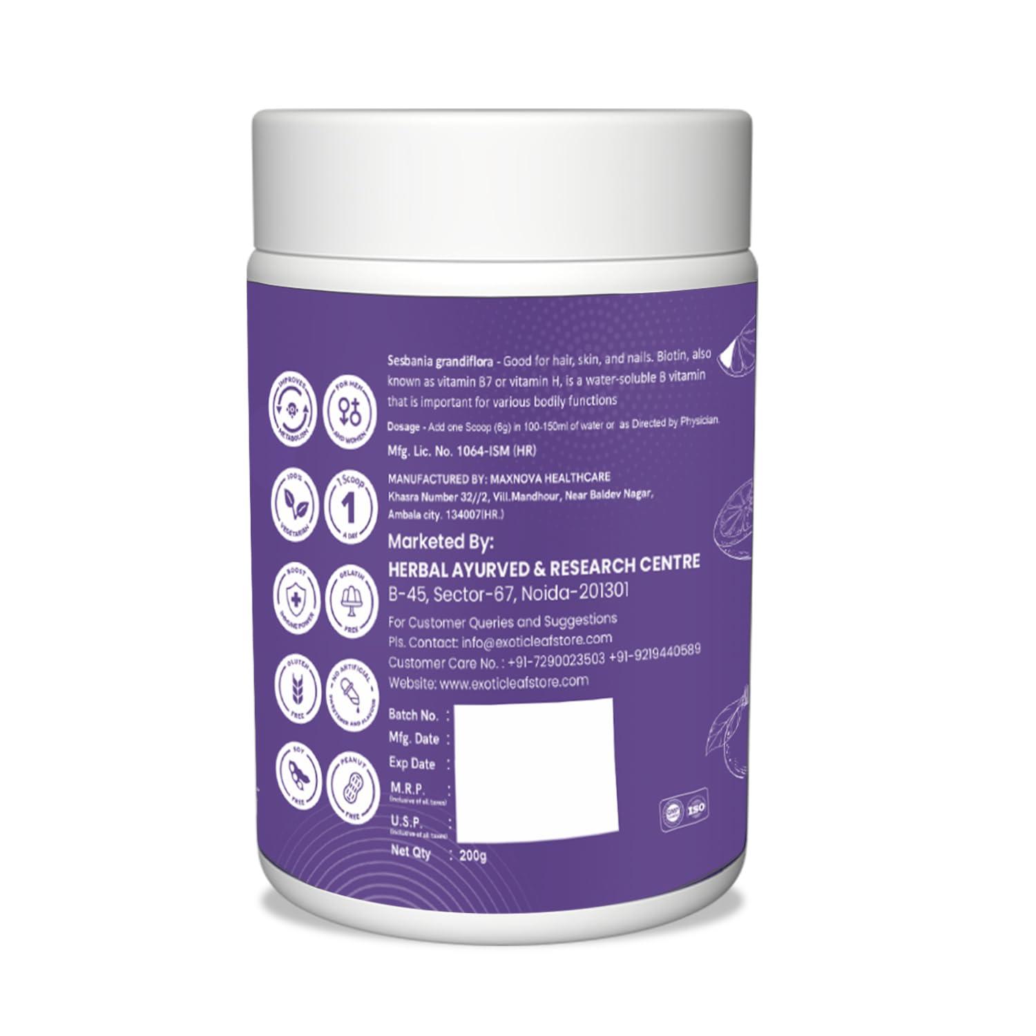 EXOTIC LEAF EXOTIC LEAF Plant Based Biotin Powder Hair 10000Mcg Supplement|For Men&Women|Hair Growth With Natural Sesbania,Amla,Bambo&Orange|Hair For Control|Healthy Hair,Skin&Nails|Pack Of 200G