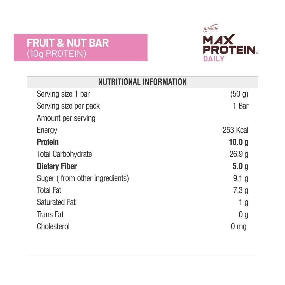RiteBite Max Protein RiteBite Max Protein Daily Fruit & Nut 10g Protein Bars [Pack of 6] Protein Blend, Fiber, Vitamins A,C,E, No Preservatives, 100% Veg, For Energy, Fitness & Immunity - 300g
