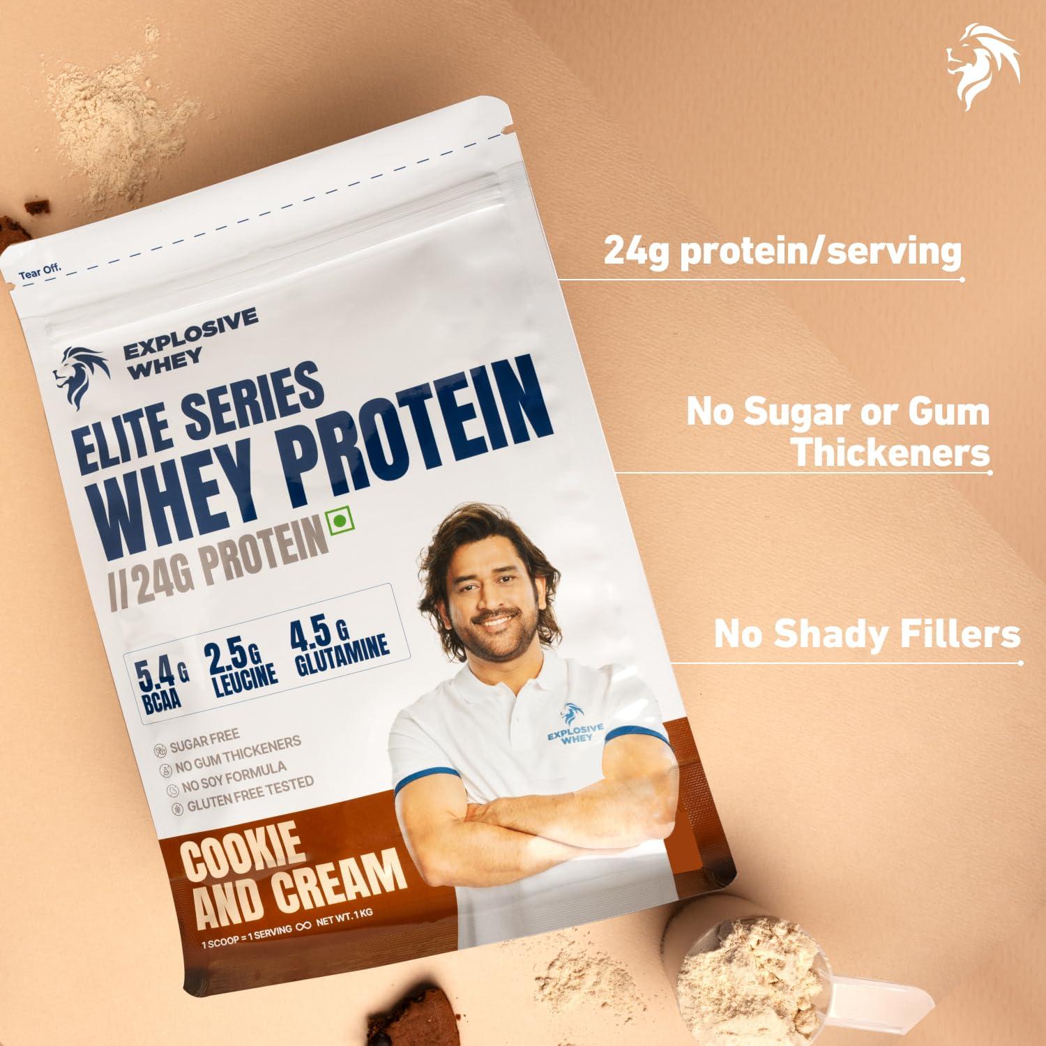 EXPLOSIVE WHEY Explosive Whey Elite Series Whey Protein - Trusted by M.S. Dhoni and Kedar Jadhav | Premium, Concentrate Sport Supplements for Enhanced Muscle Growth and Recovery (30 Servings - 1Kg, COOKIE & CREAM 24g Protein)