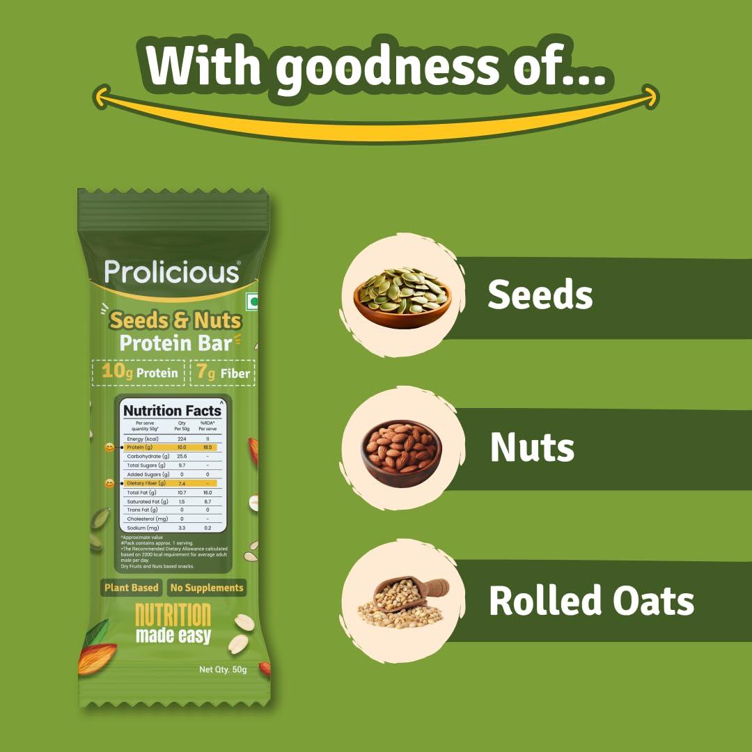Prolicious Prolicious Nuts & Seeds Bar | 10 grams Protein & 4 grams Fiber | No Refined Sugar | Plant Based | Natural Ingredients | Pack of 6, 50 grams each