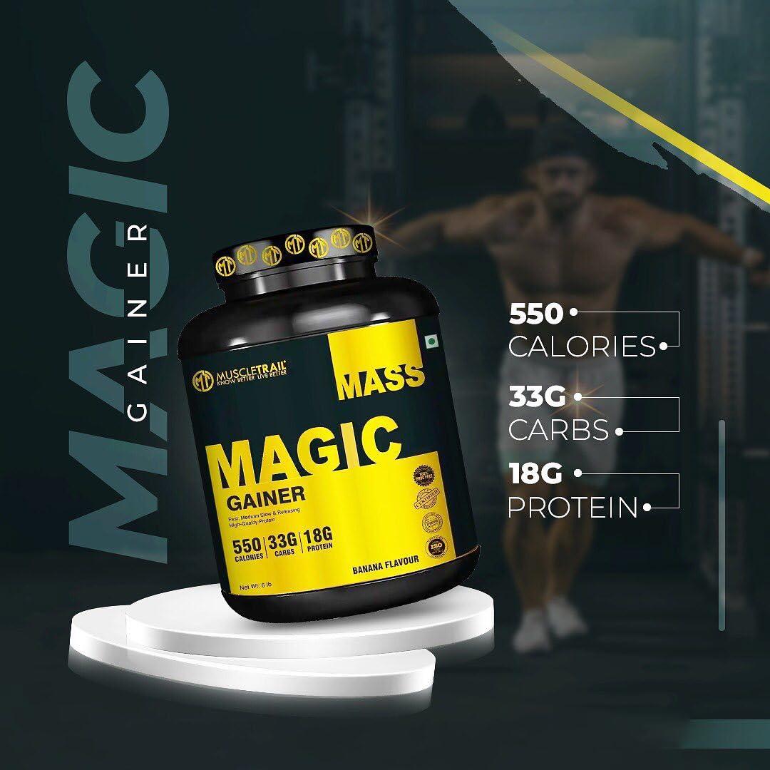MUSCLETRAIL Muscle Trail Magic Mass Gainer Powder | 550 Calories | 33g Carbs |18g Protein | High in calories & Muscle Growth | 45 serving | 2.7 kg | (Vanilla Flavour)