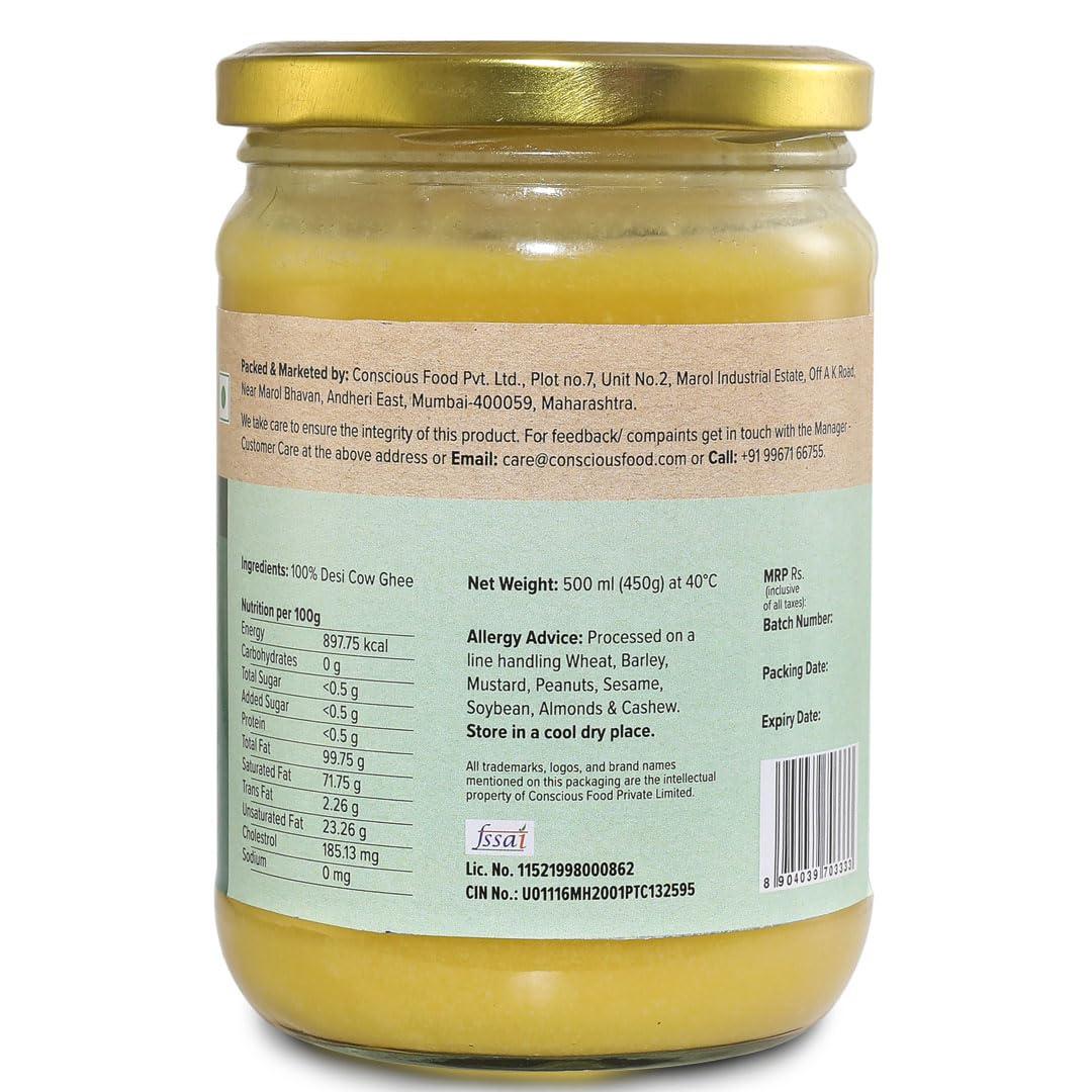 Conscious Food Conscious Food A2 Desi Ghee | 500ml | 100% Pure and Premium | Cultured Desi Cow | Natural | Grass Fed | Non - GMO | Immunity Booster | Locally Sourced | Produced in small batches