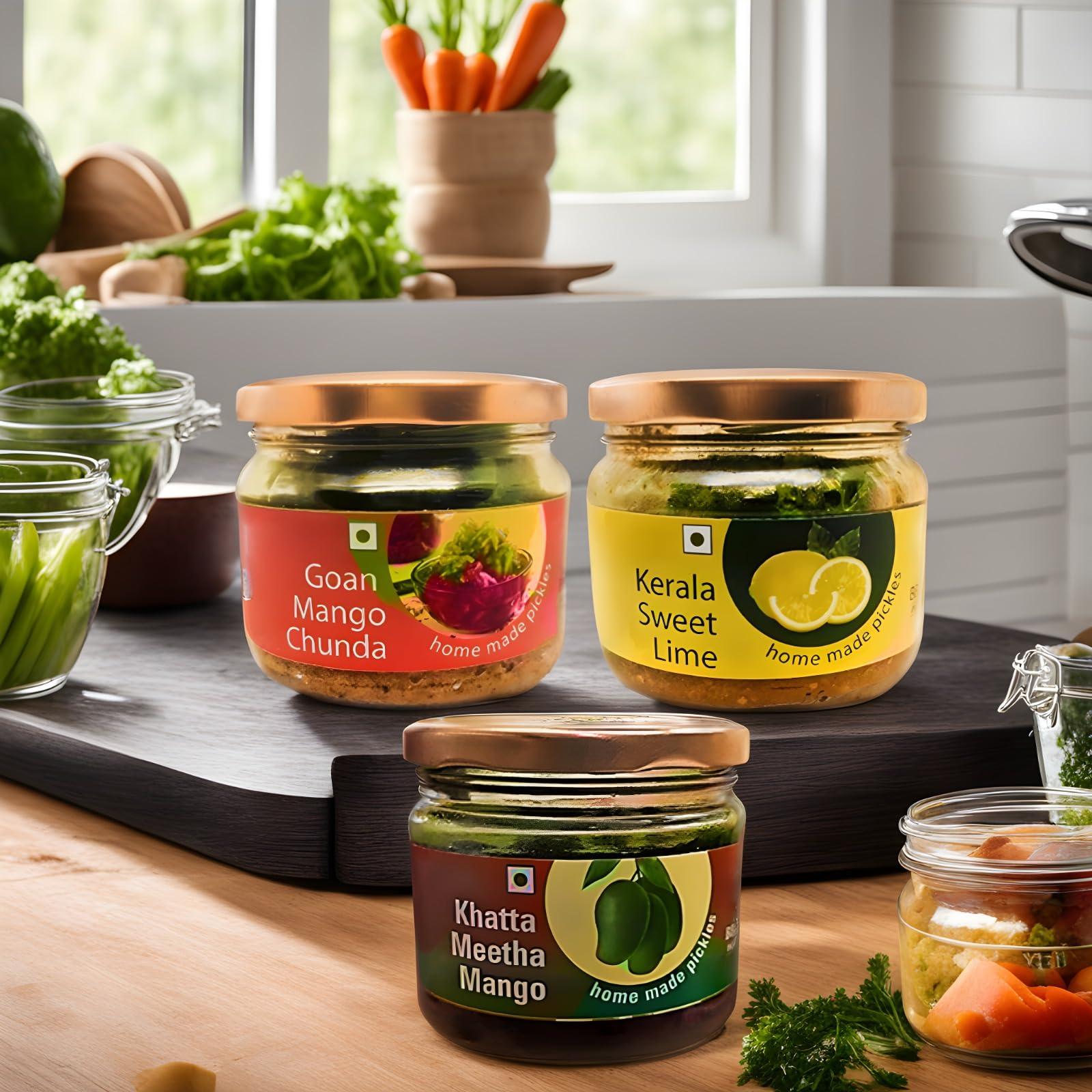 BB PICKLES BB PICKLES Homemade Goan Mango Chunda/Kerala Sweet Lime/Khatta Meetha Mango Pickle Authentic Recipe and Taste (Pack of 3 Jar 300g Each)