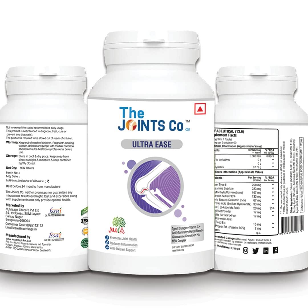 The JOINTS Co The Joints Co Ultra Ease with Type II Collagen, Bones & Joint Support Supplement Glucosamine Chondroitin MSM HA Complex & Herbal Blend for Joints, Bones & Cartilage Wellness - 90 Tablet (Pack Of 1)