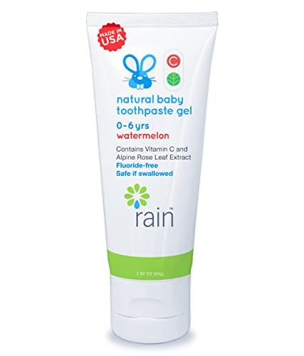 Rain Natural Products Rain Natural Baby Fluoride Free Kids Toothpaste Gel - Non Toxic Safe to Swallow Infant Toddler Tooth Paste, 2.8 Oz, Babies Training, Ages 6 to 12 months and Up Vitamin C Watermelon Toothpaste for Kids