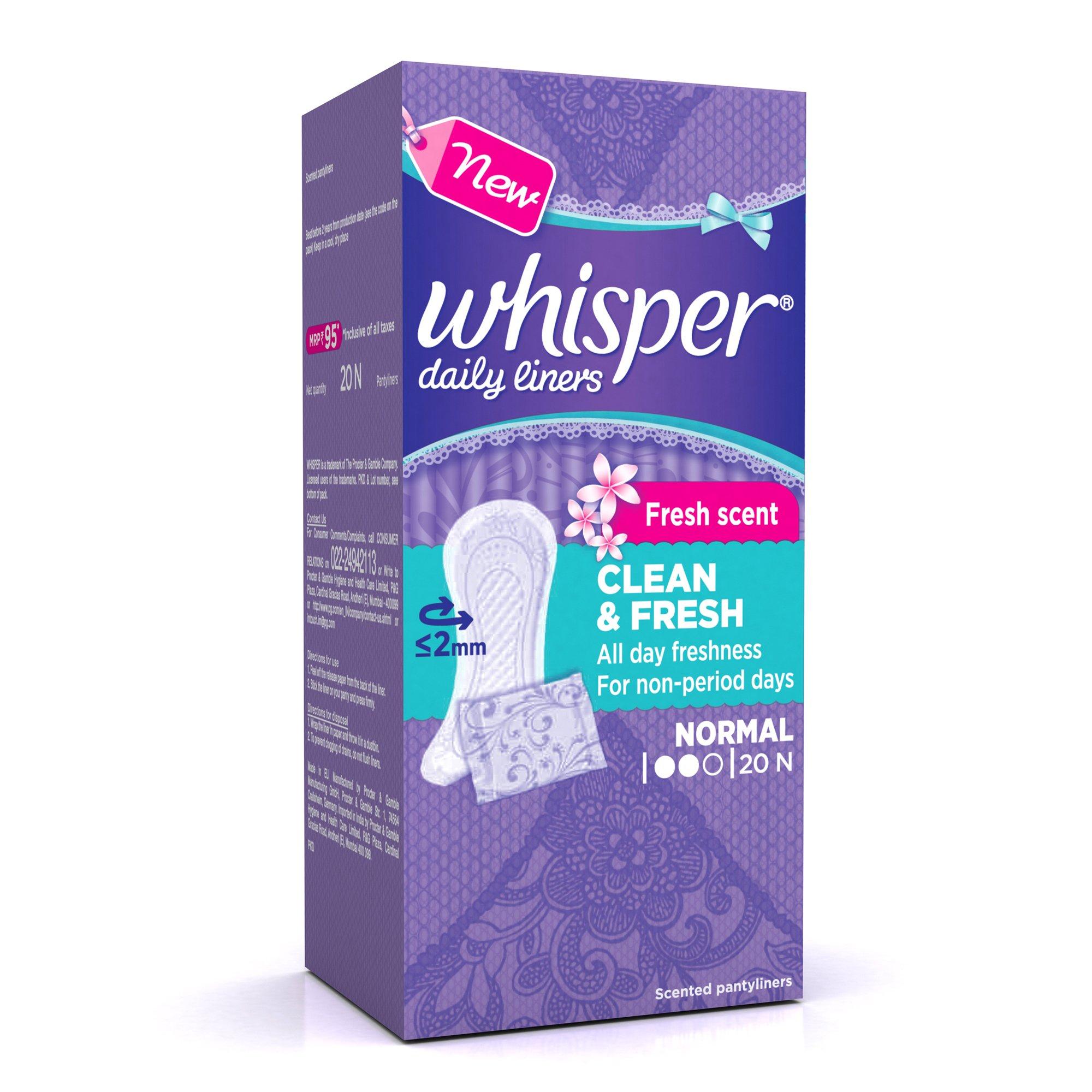 Whisper Whisper Clean and Fresh Daily Liners 20 Count Sanitary pads for women (Pack of 1) & Whisper Choice Sanitary Regular Pads for Women, Regular, Pack of 20 Napkins COMBO
