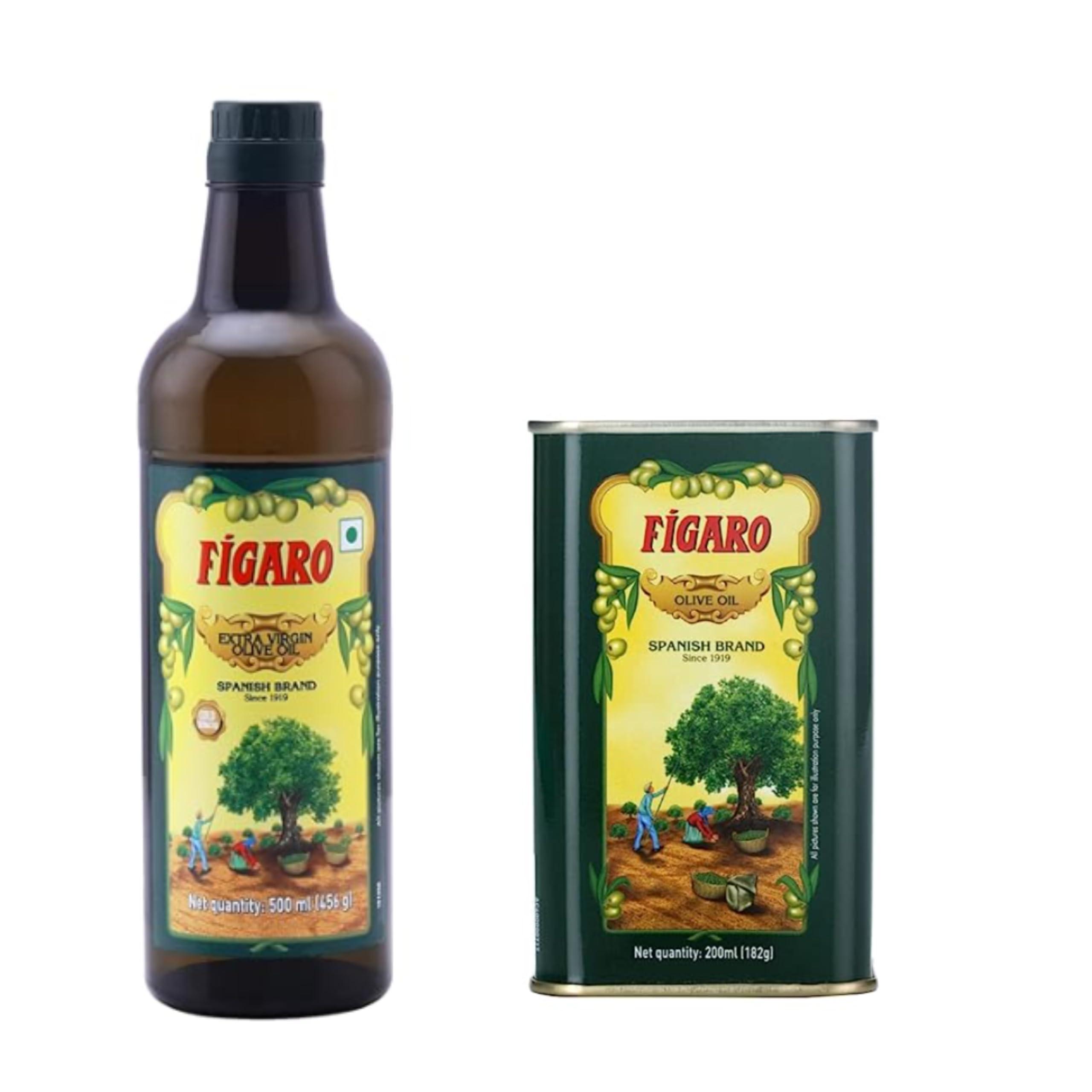 Figaro Figaro Pure and Extra Virgin Olive Oil | Combo Offer (500ml bottle-Extra Virgin + 200ml tin-Pure) | Imported from Spain