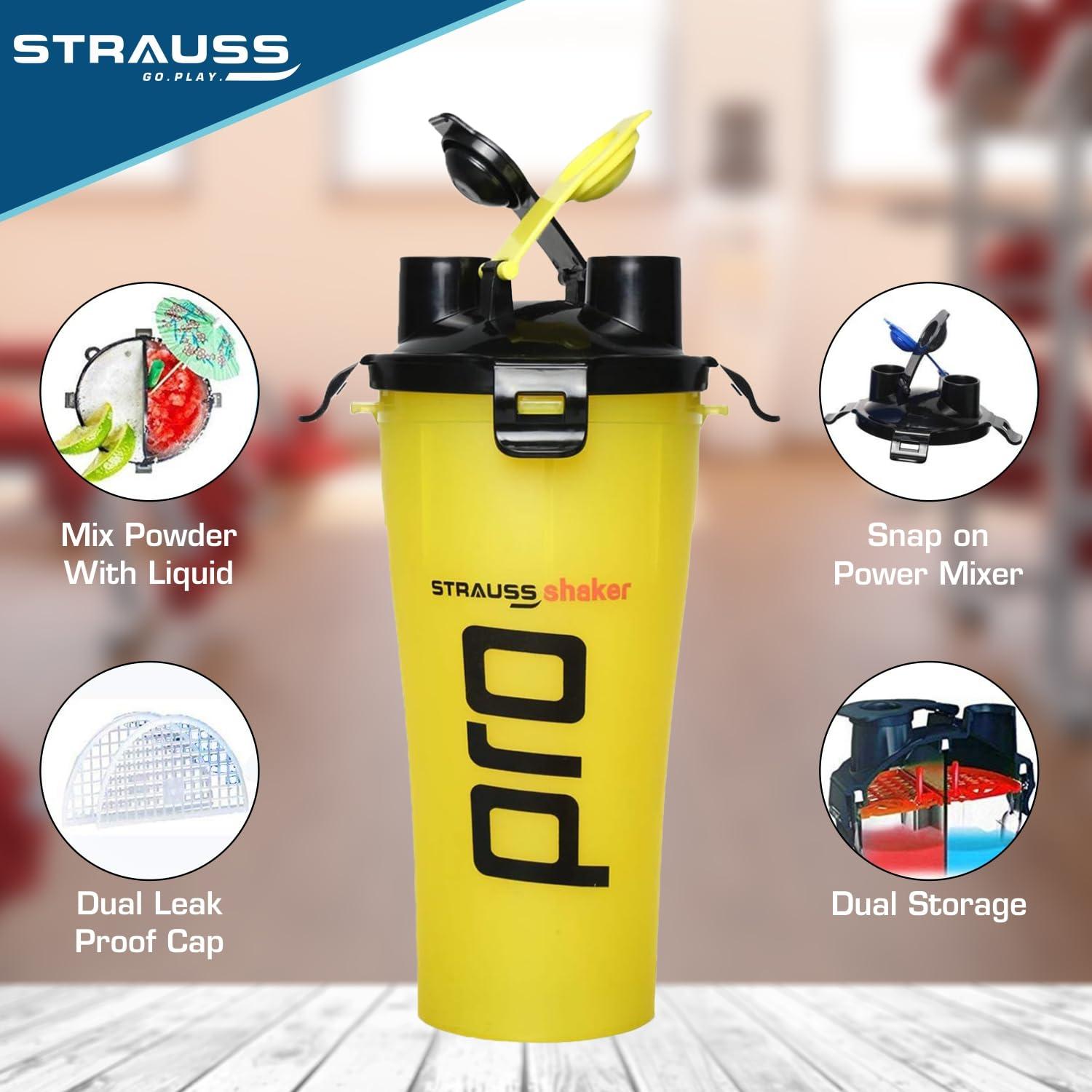STRAUSS STRAUSS Dual Shaker Pro | Pre & Post Protein Shake On the Go | Leakproof and BPA-Free Material | Dual Shaker Bottle | Protein Shaker Bottle for Gym | Suitable for Both Men and Women, 700ml,(Yellow)