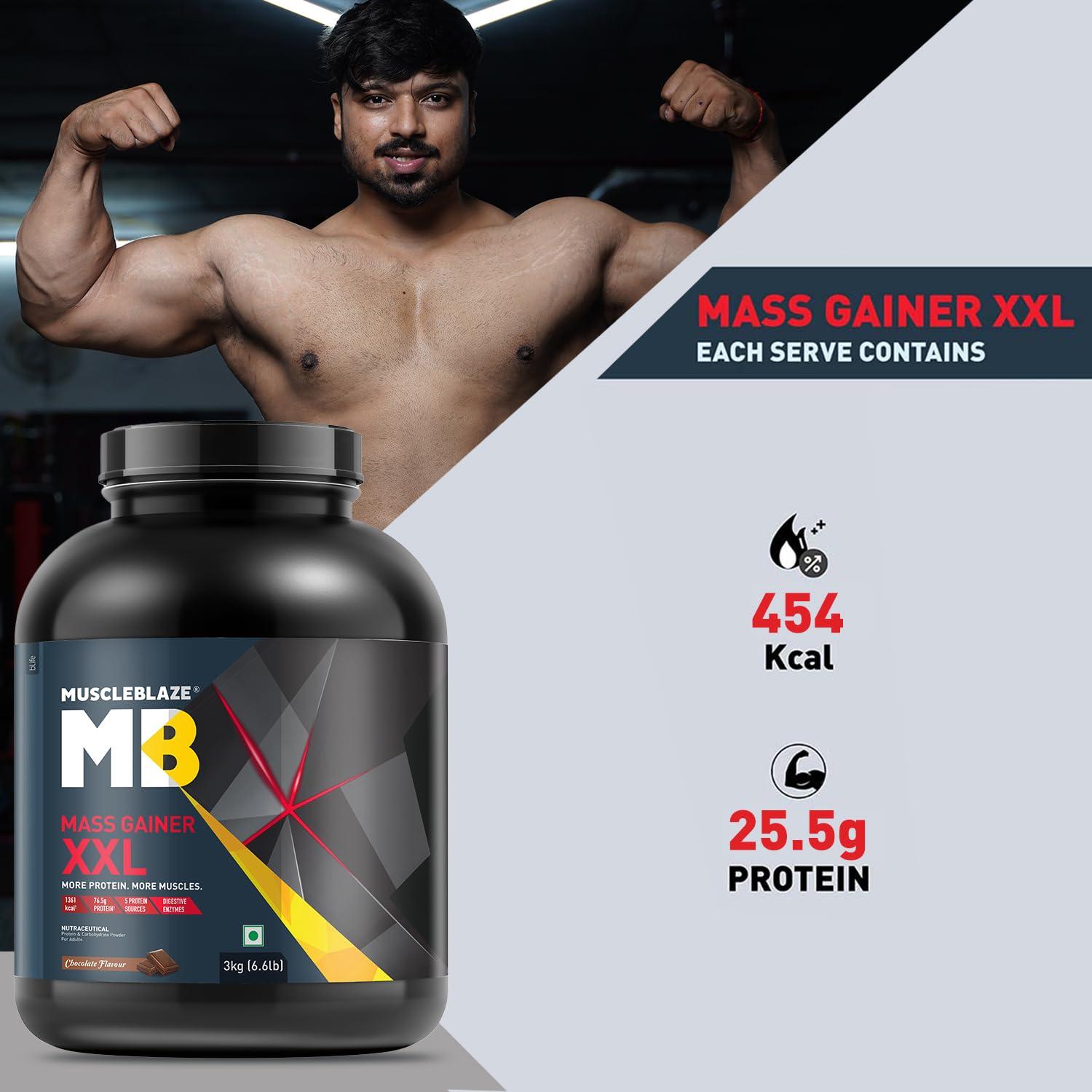 MuscleBlaze MuscleBlaze Mass Gainer XXL (Chocolate, 2kg / 4.4lbs, 20 Servings) | With Complex Carbs, High Protein & Digestive Enzymes