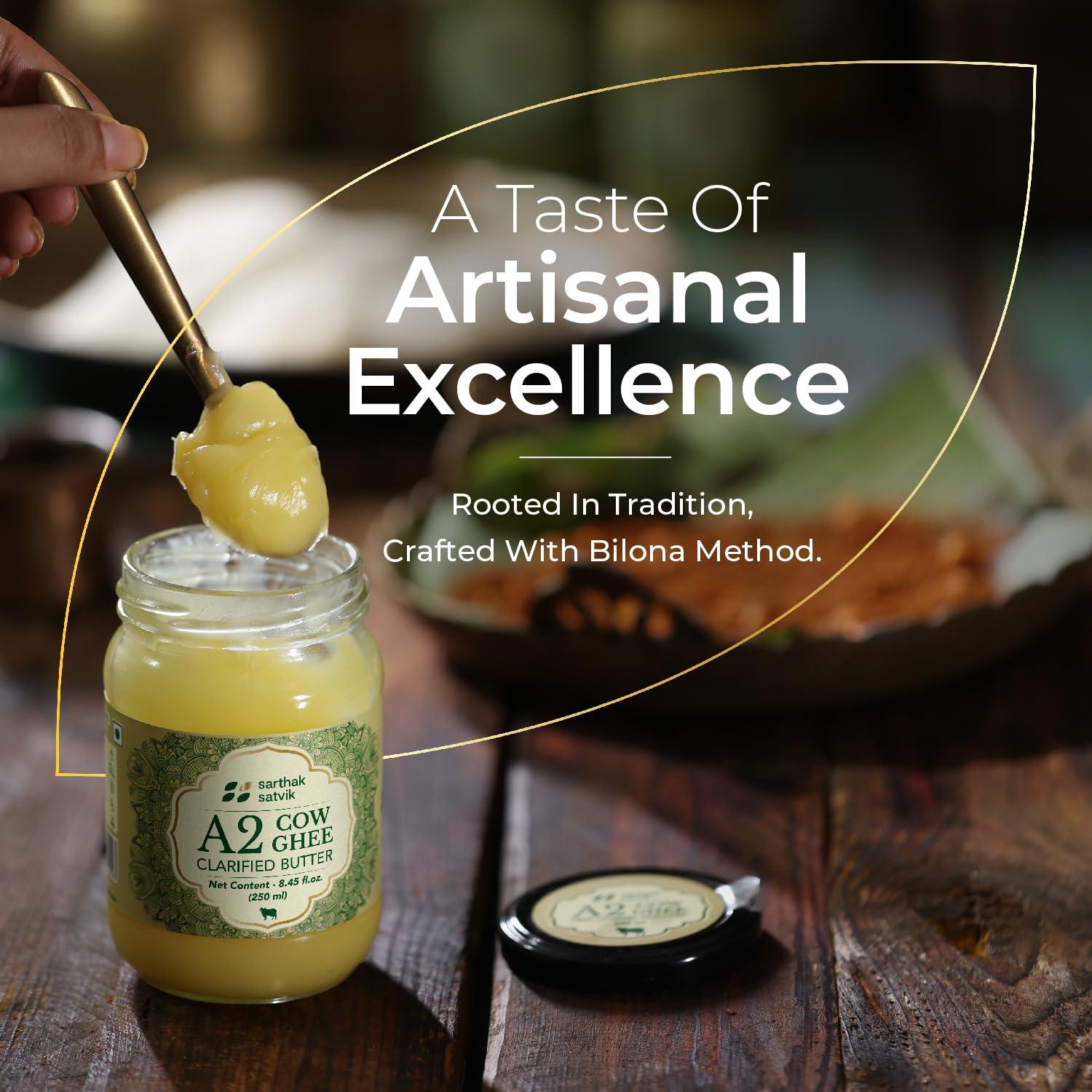 Sarthak Satvik Sarthak Satvik A2 Cow Ghee Desi Organic Butter Pure Nutrient Rich Ghee Made With Traditional Binola Method,Unsalted And Original Ghee,Natural Flavour,Lactose-Free And Keto-Friendly,250 Ml (Pack Of 1)