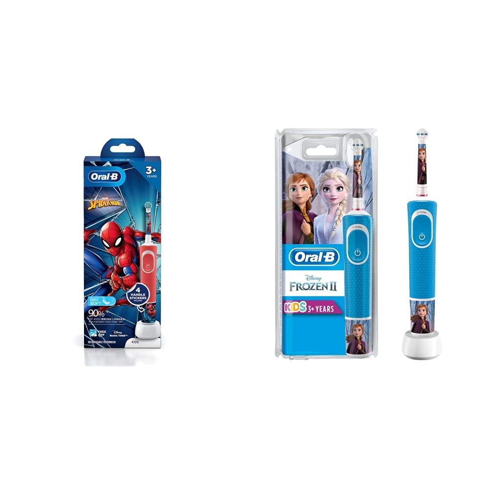 Oral-B Oral B Kids Electric Rechargeable Toothbrush, Featuring Spider Man, Extra Soft Bristles, Age 3+ & Oral B Kids Electric Rechargeable Toothbrush, Featuring Frozen Characters
