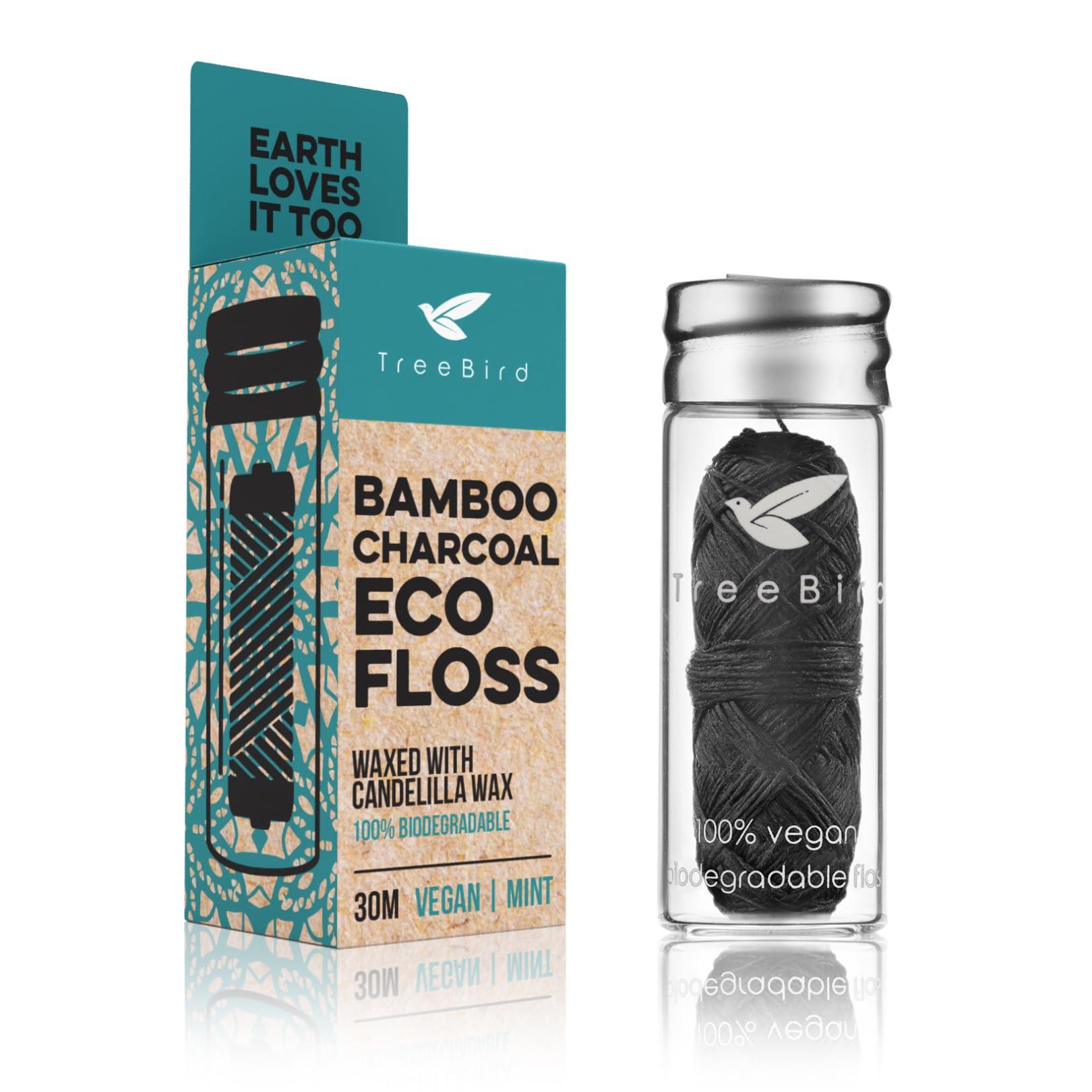 TreeBird Organic Biodegradable Bamboo Charcoal Dental Floss & Refillable Glass Holder | Vegan | Naturally Waxed With Candelilla Wax | 33yd Thread Spool | Eco-Friendly Zero Waste Oral Care | Mint Flavored