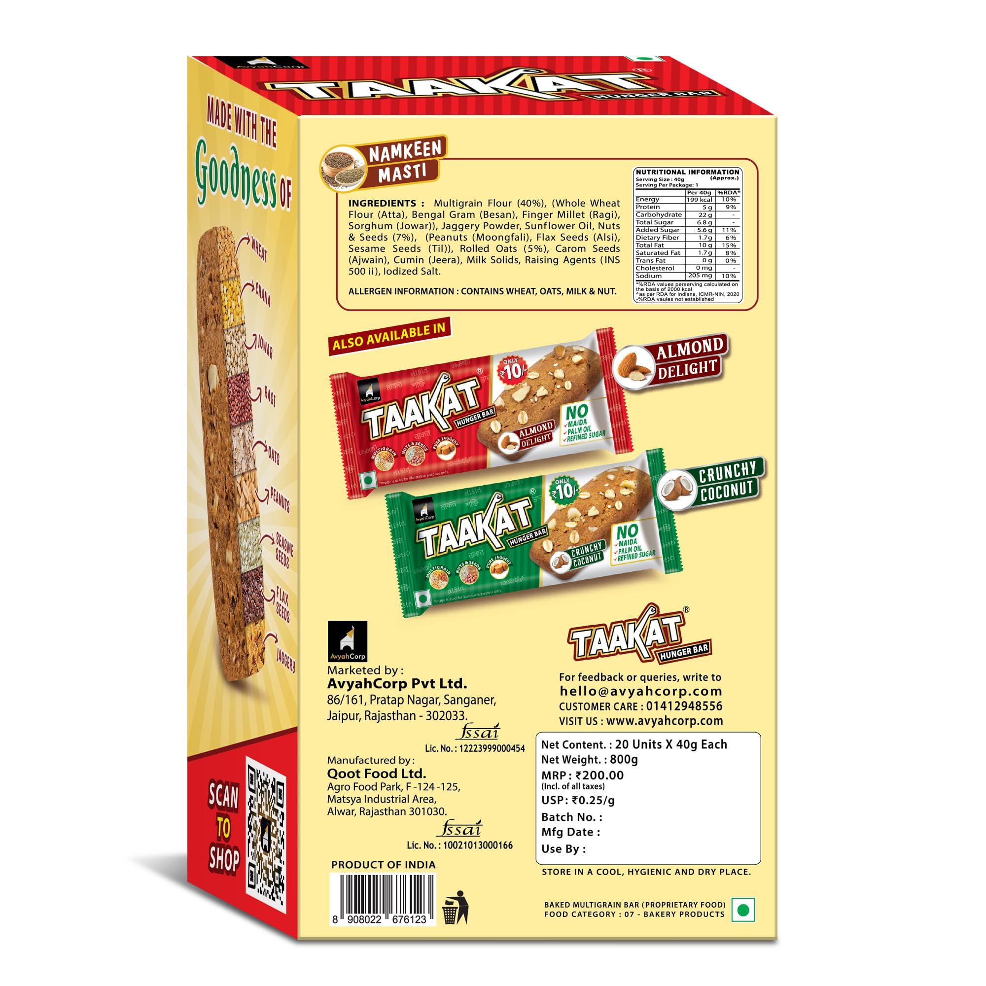 Taakat Hunger Bar Taakat Hunger Bar |Namkeen Masti - Pack of 20 bars | Multigrain | Nuts & Seeds | Pure Jaggery | 5g Protein | No Maida | No Palm Oil | No Refined Sugar | Baked & Crunchy