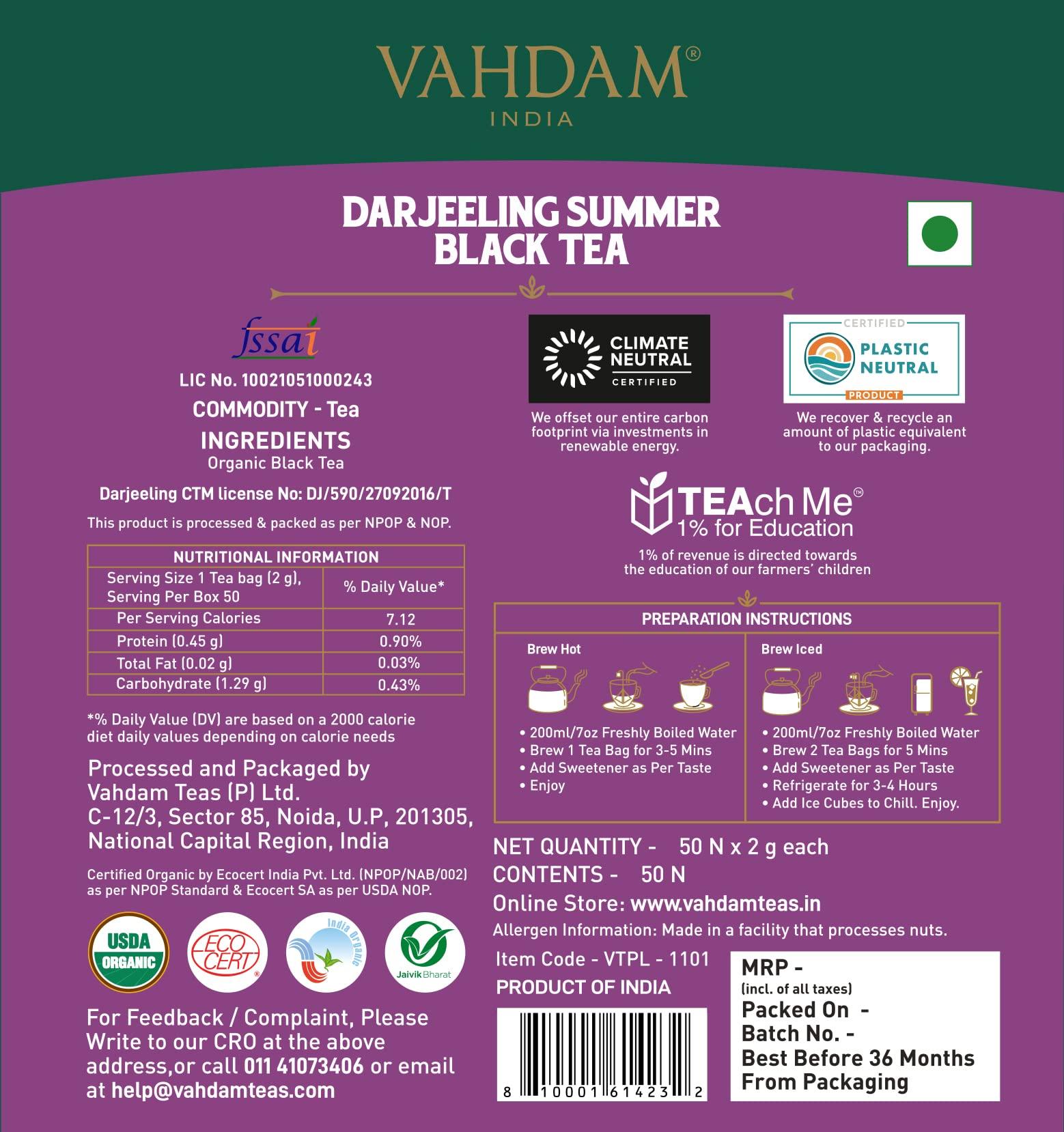 VAHDAM VAHDAM, Organic Darjeeling Black Tea Bags (50 Count) High Caffeine, Non-GMO, Gluten-Free | Strong, Robust & Flavoury | Unblended Second Flush Darjeeling Tea Bags | Resealable Ziplock Pouch