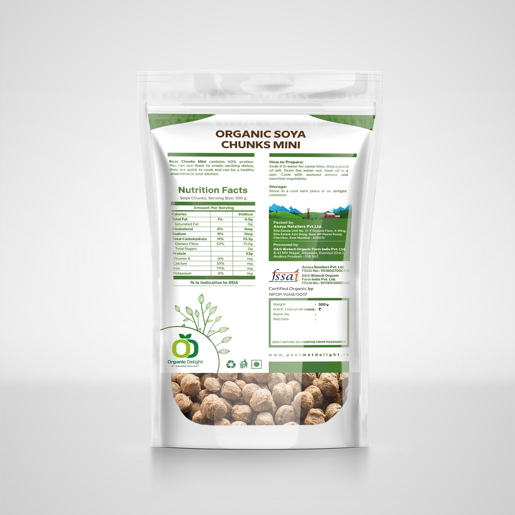 Organic Delight Organic Soya Chunks Mini 500gm By Organic Delight USDA Certified Healthy & Tasty Soya Bean Chunks With Natural High Protein Source Of Dietary High Fiber Fresh Soya Wadi 500 gm
