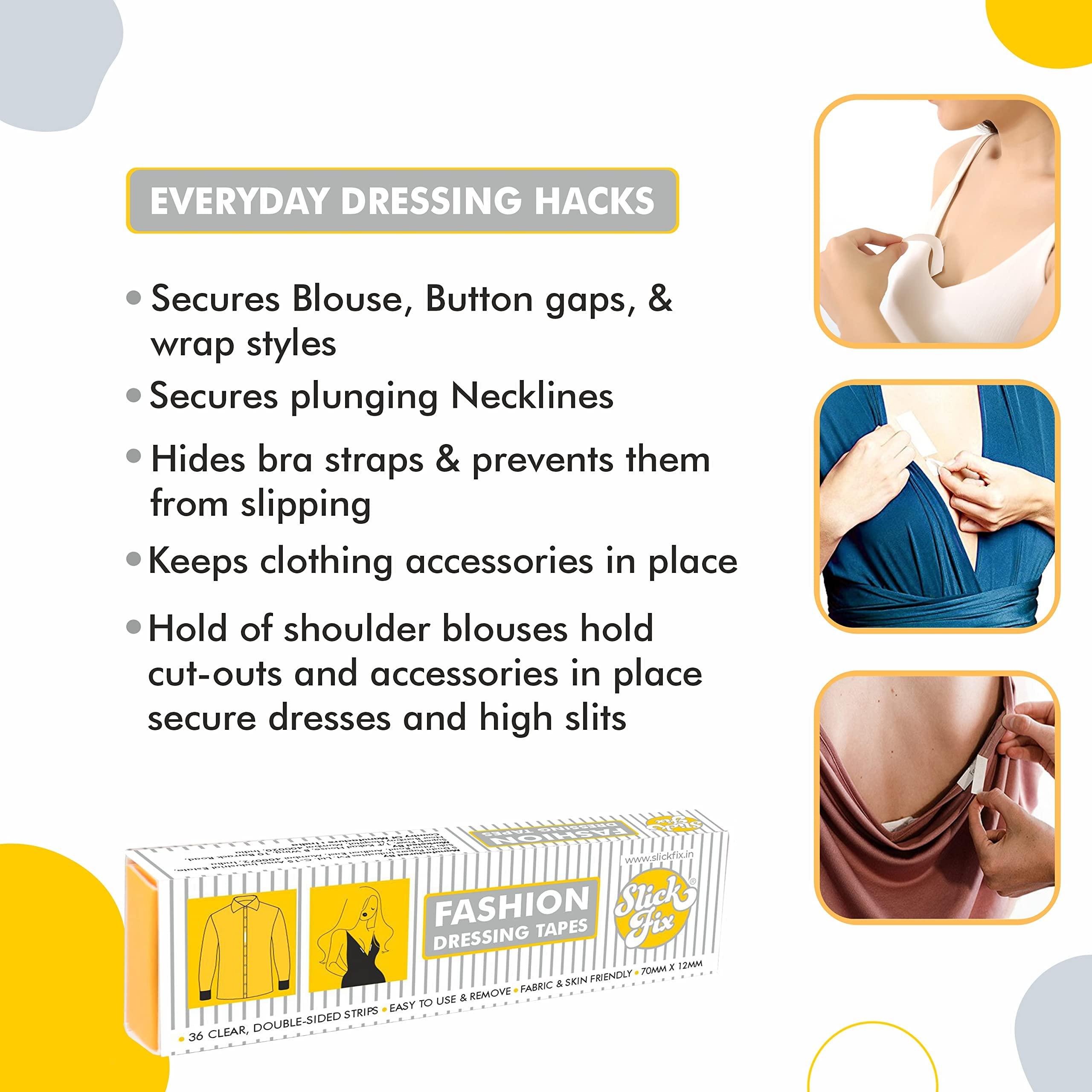 SLICKFIX SlickFix Trial Pack Combo - Fashion Dressing Tape & Ear Lobe Support Patches (36 pcs each) | Double sided body tape for women | Ear lobe protector and Fashion tape for dresses.