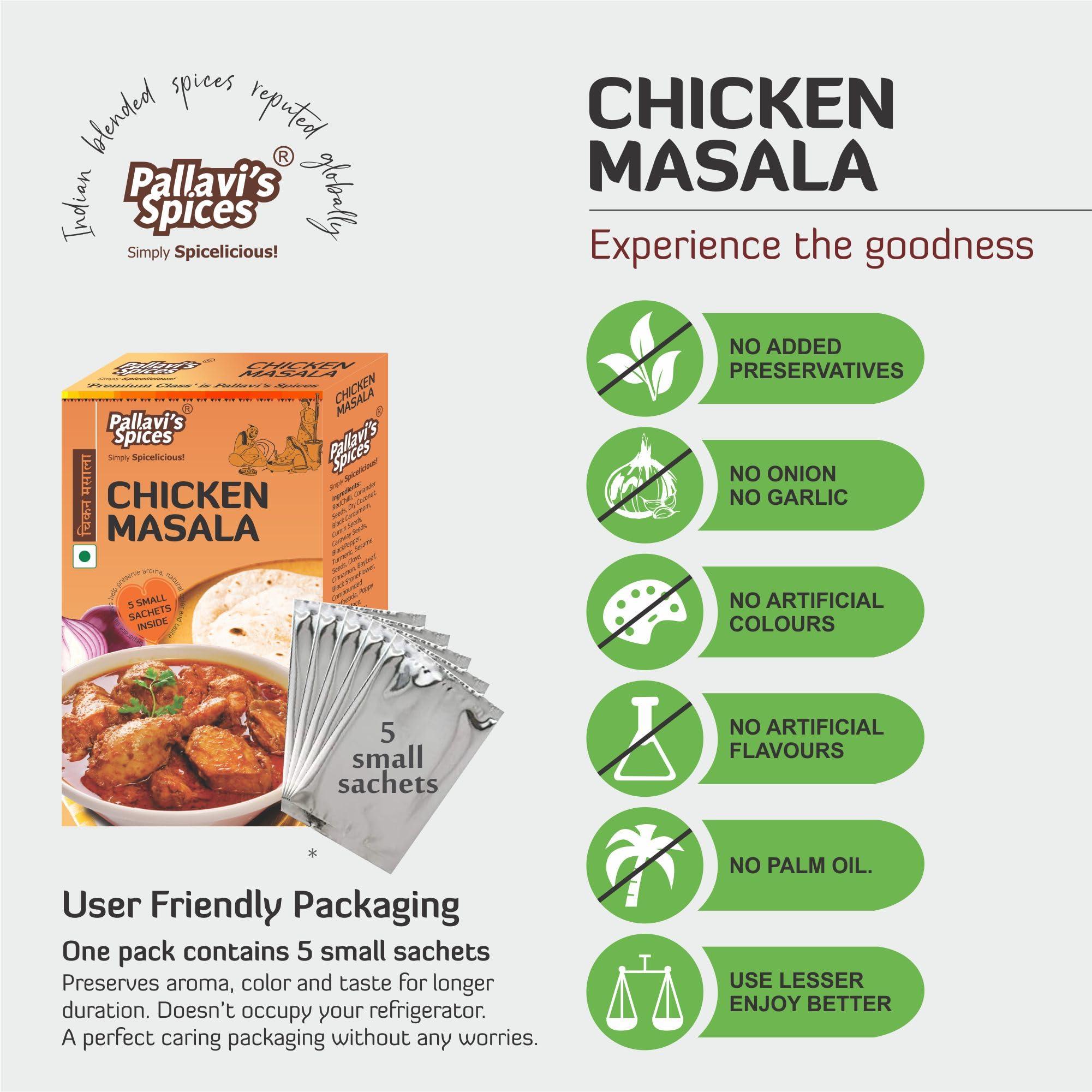 Pallavi's Spices Pallavi\'s Spices Chicken Masala | Delectable Chicken Curry Masala/Spice Blend/Powder | 5 x 10g separate sachets per pack | 50g (Pack of 4)