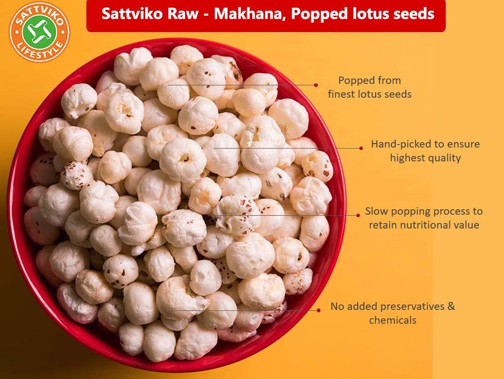 Sattviko Sattviko Makhana, Phool Makhana, Makana, Foxnuts, Makhane, Lotus Seeds for Eating, Raw Plain Phool Makhana, Vegan, Gluten Free, Non-GMO, Food yoga (200 gm - Pack of 1)