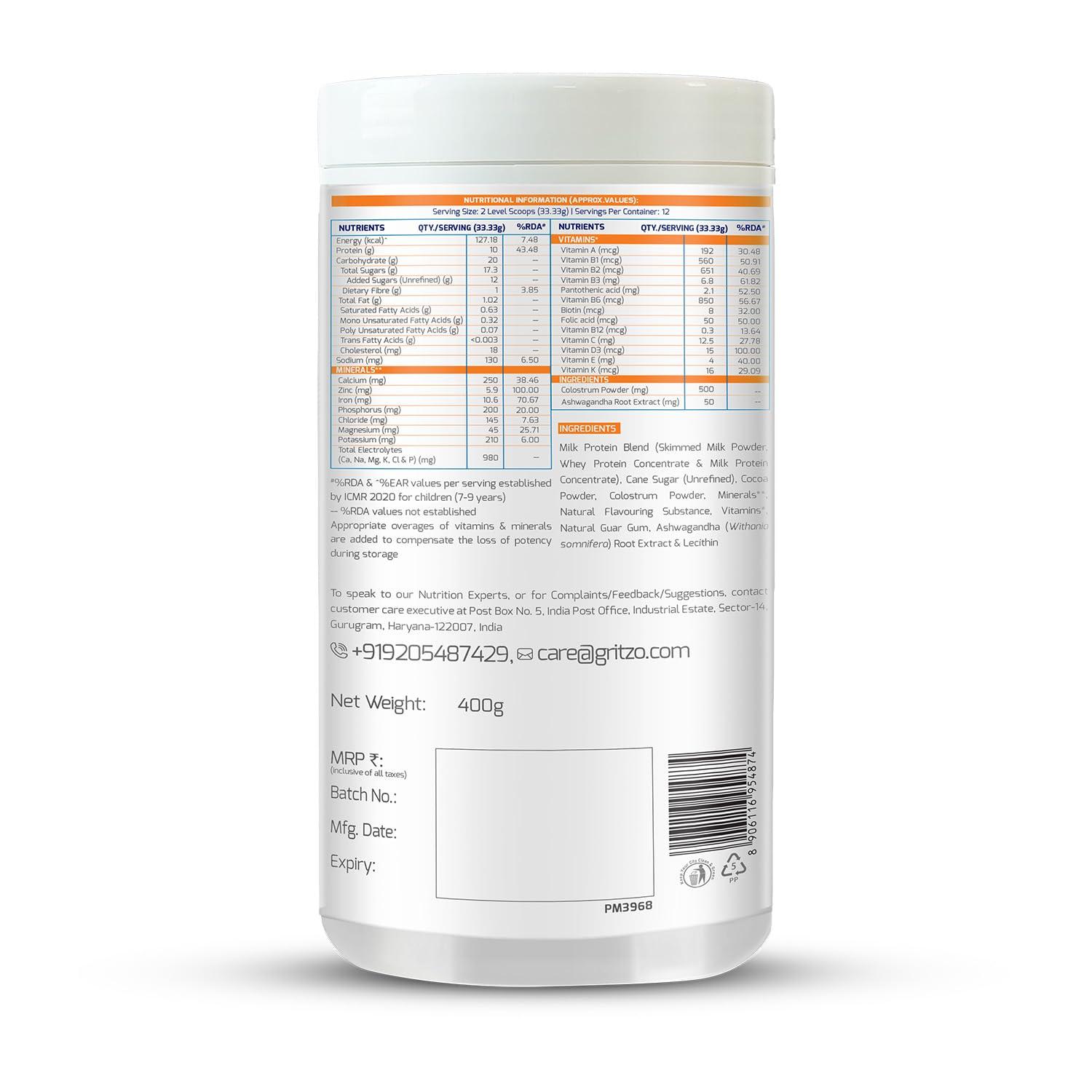 Gritzo Gritzo SuperMilk Height+, (7-12y Boys) Powder with Super Gummies (Double Chocolate, 400g & Strawberry, 30 Gummies) (Combo Pack)