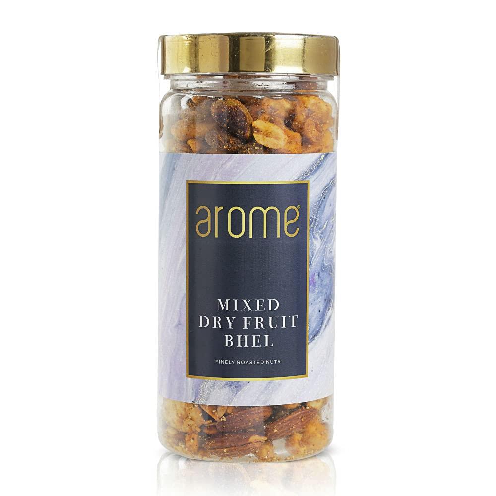 arome arome Mix Dry Fruits Bhel, 250 gm Pack | Mixed Nuts Like Almond, Cashews, Raisins, Pista with Unique Indian Spices | Healthy Snacks for Small Hunger | Assorted Dry Fruit, Berries and Nuts Mix