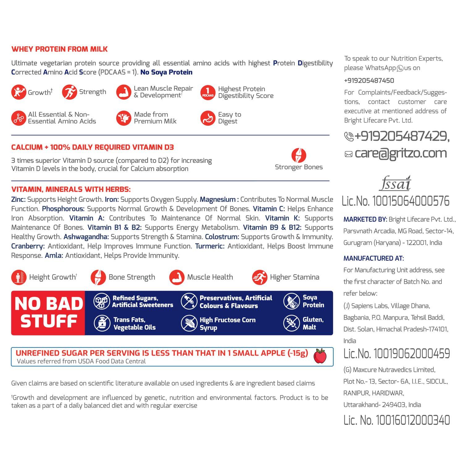 Gritzo Gritzo SuperMilk Height+ (13+y Girls), 13g Protein (Double Chocolate, 1kg) | Zero Refined Sugar, 21 Vitamins & Minerals
