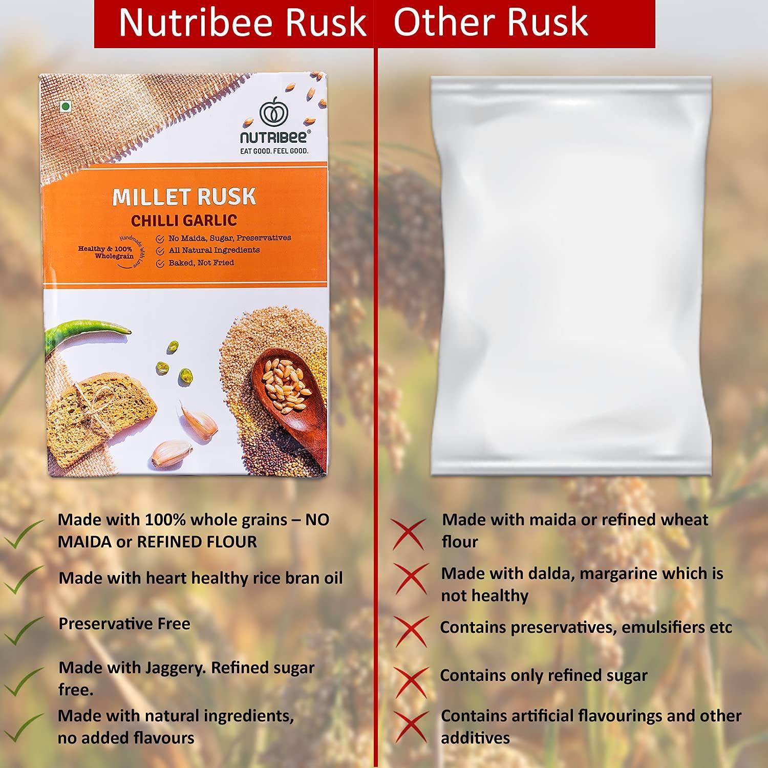 Nutribee Nutribee Multi-Millet Rusk - Chilli Garlic - No Maida Or Sugar, No Added Flavours, Preservative Free - Pack Of 4 (210Gm Each) - Ragi, Butter