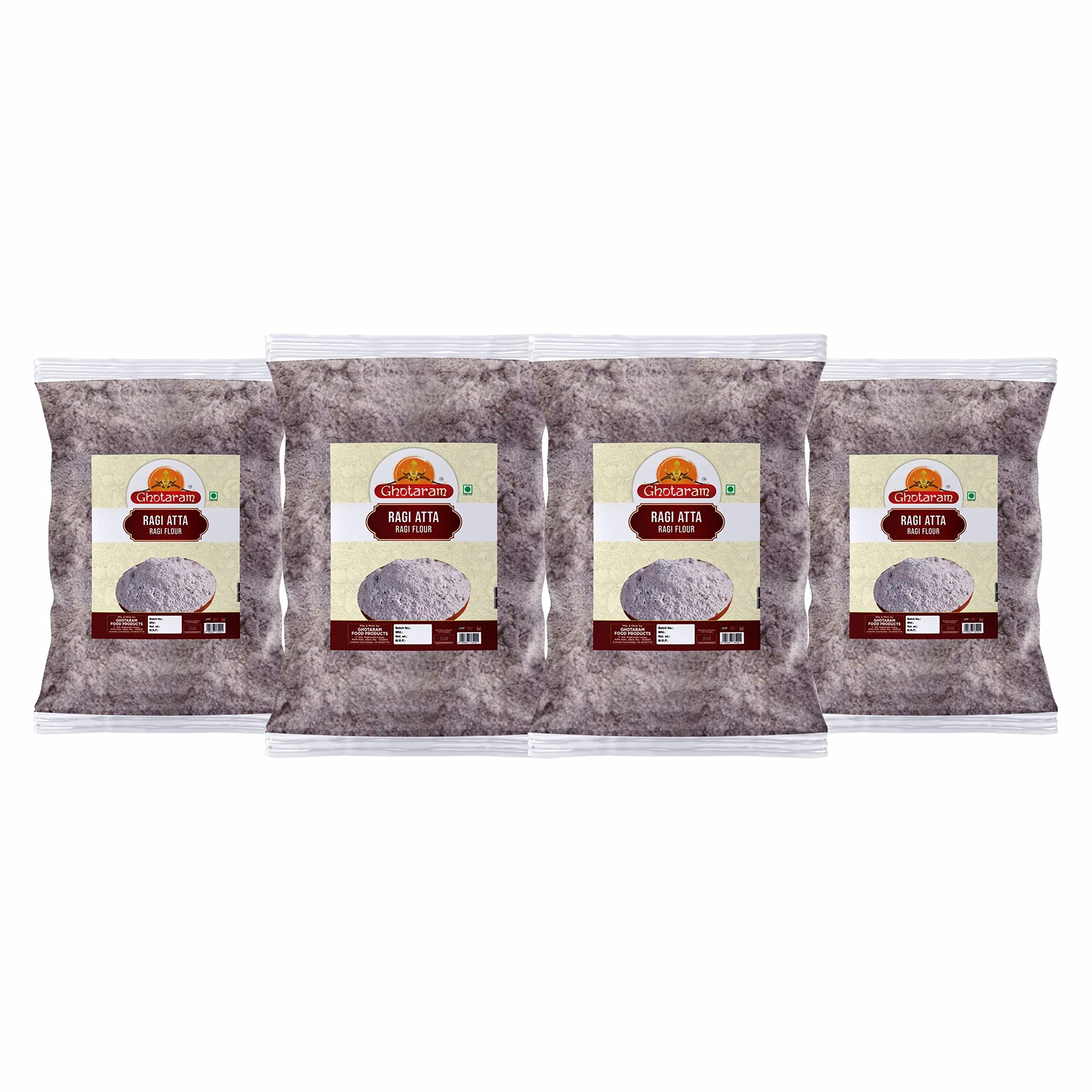 GHOTARAM Ghotaram Organics Flour Nachni Panji Pullu/Ragi Atta/Finger Millet Seed Atta Flour/Kodo|Mandua Ka Atta||Rich Eleusine coracana Grain Anaj Flour Atta-3920g(980g*4Pkt)