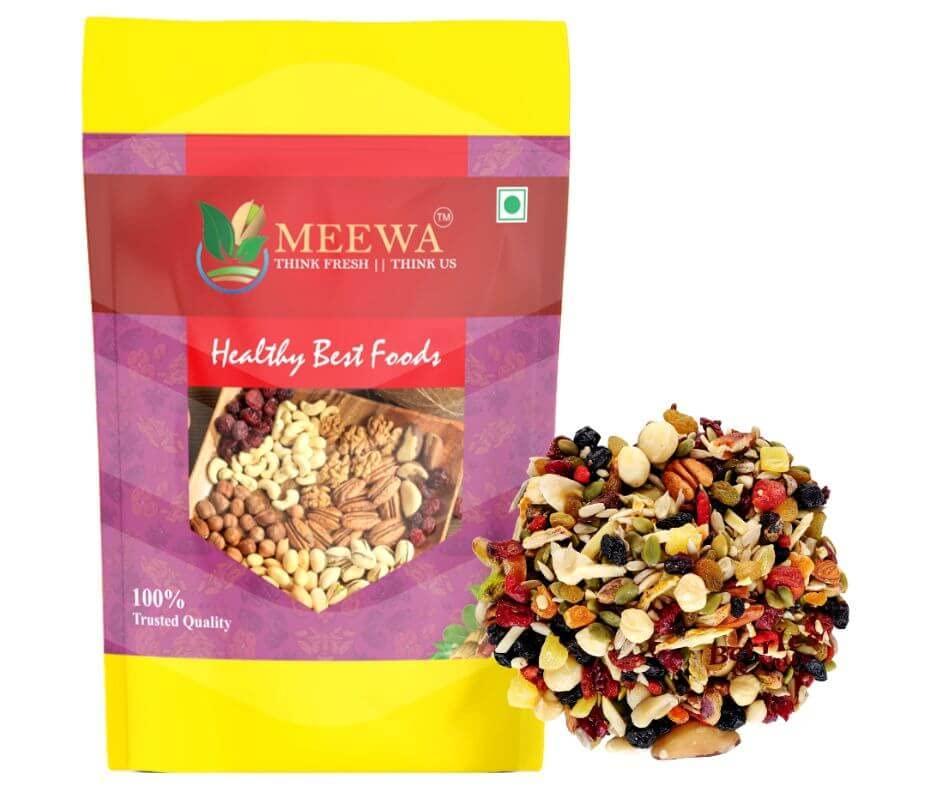 MEEWA THINK FRESH THINK US Meewa Premium 1 Kg Mixed Nuts Dry Fruits Trail Mix 1000g Dried Almonds, Black Raisins, Cashewnuts, Cranberries, Green Raisins, Flax seeds, Punpkin Seeds & Walnut Kernels
