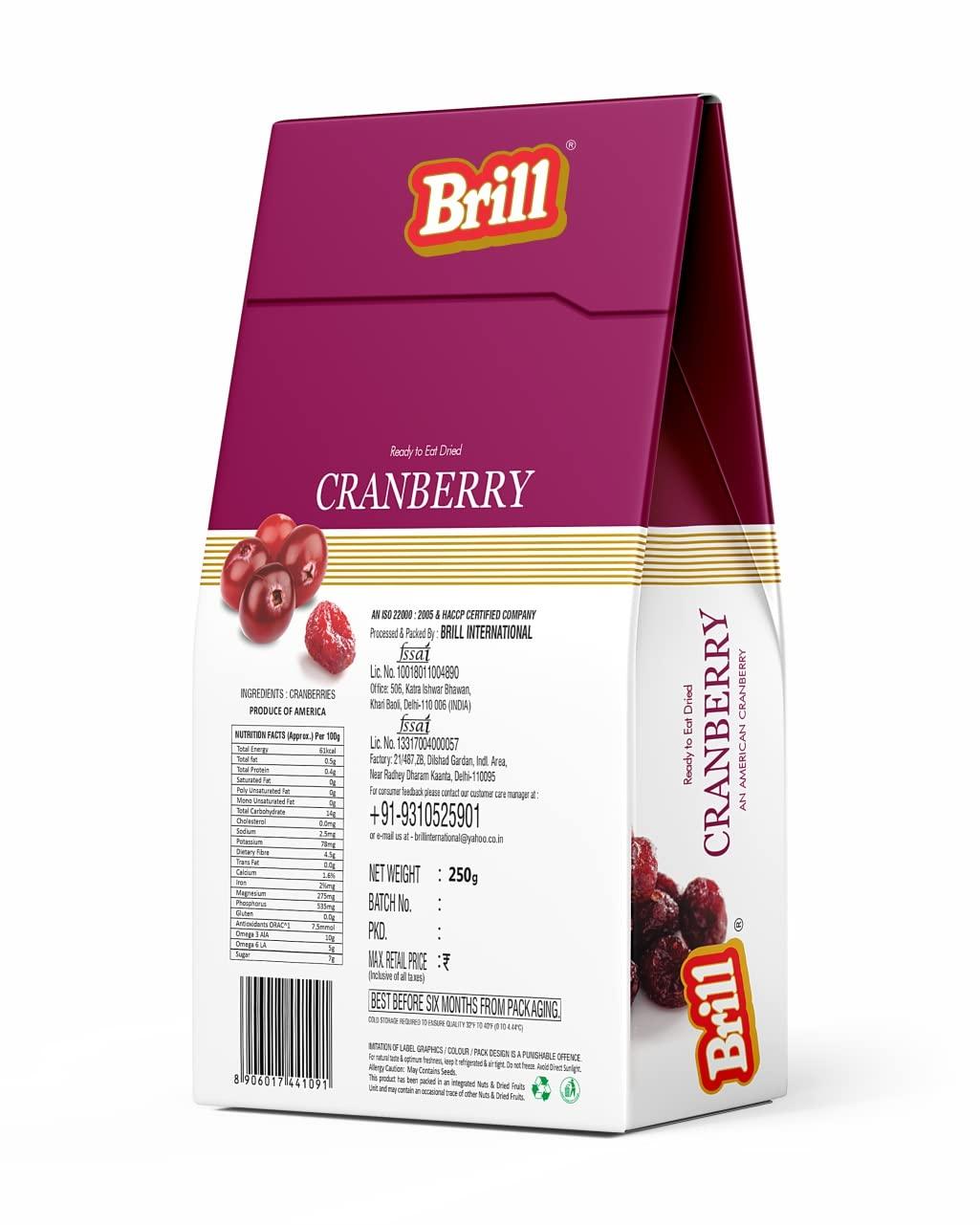 Brill Brill Dried Whole Cranberries 250g | Real Dried Fruit | No fat and Low Calories | High Antioxidants, Dietary Fiber & No Gluten