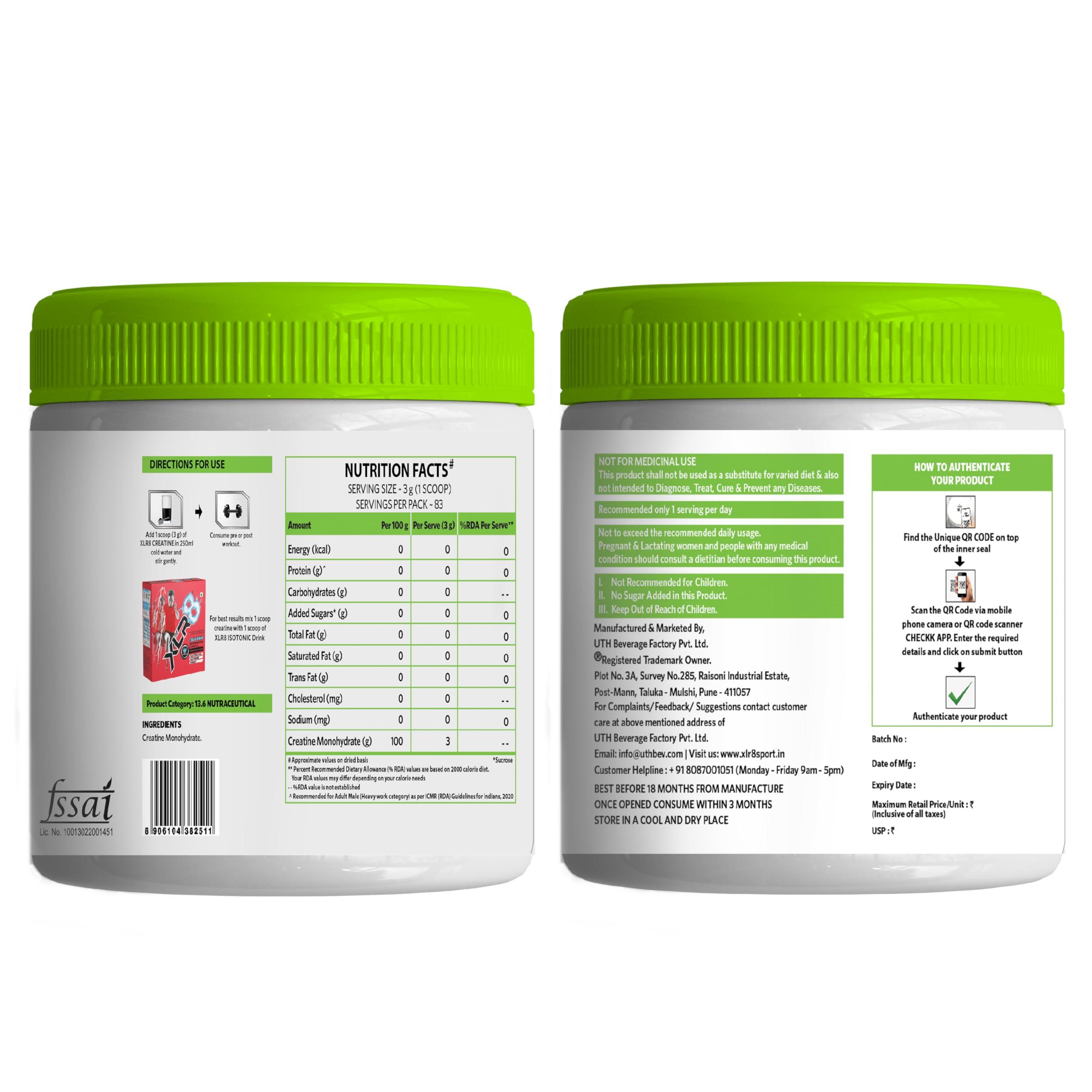 XLR8 XLR8 Creatine Monohydrate Powder Micronized | Unflavored, 250g (83 Servings) | Pre & Post Workout Supplement for Men & Women | Supports Muscle Growth & Energy