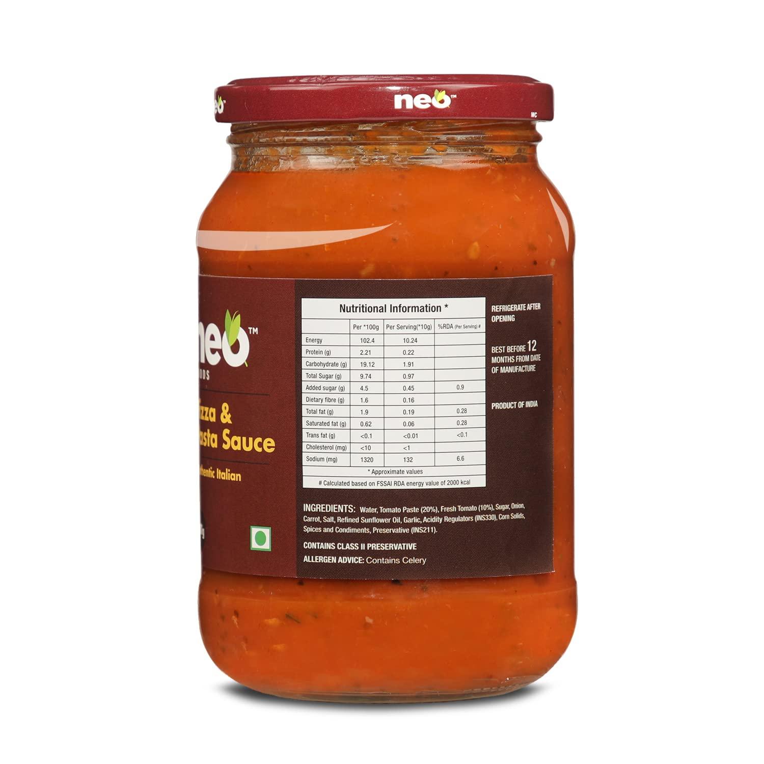 Neo Neo Pizza Pasta Sauce 500g Jar I For Pizza, Pasta & Snacks I Farm Fresh, Natural Ingredients I Non GMO, 100% Vegan l Authentic Italian l Make delicious Pizza and Pasta at home (500g)
