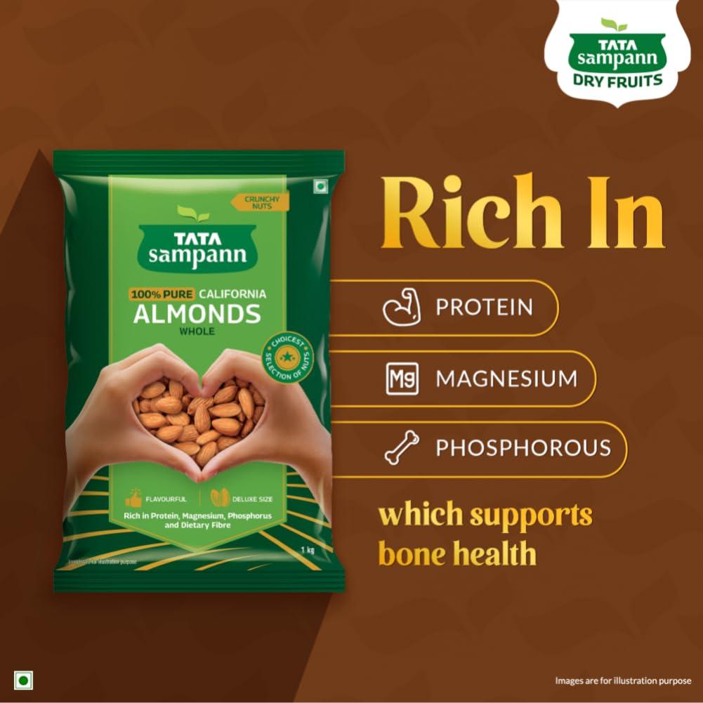 Tata Sampann Tata Sampann Pure California Almonds Whole, 1kg, Real Nuts, High in Fiber, Badam Giri, Rich in Protein, Magnesium, Phosphorus and Dietary Fibre, Nuts & Dry Fruits, Value Pack