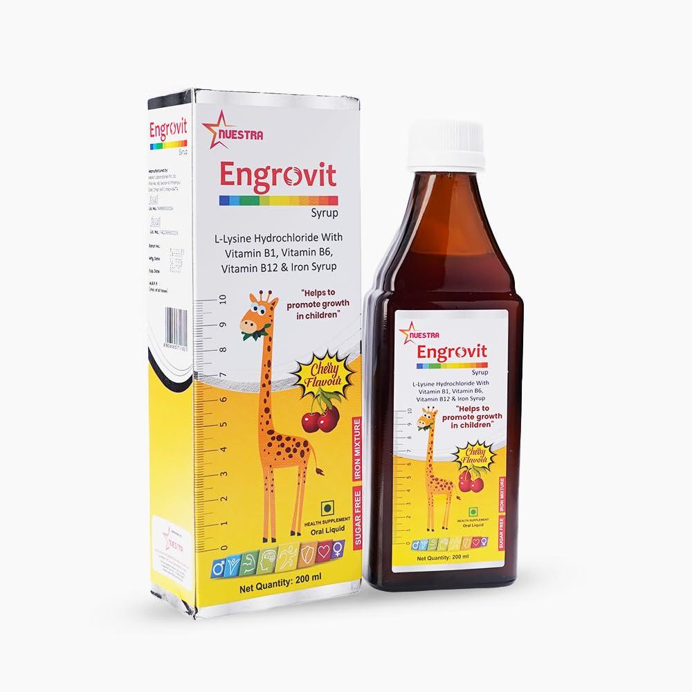 ENGROVIT Engrovit 200 ml Height Increase Syrup for kids | Cherry Flavour for Growing Children - Promotes Height Growth | Height Supplement (Pack of 2)