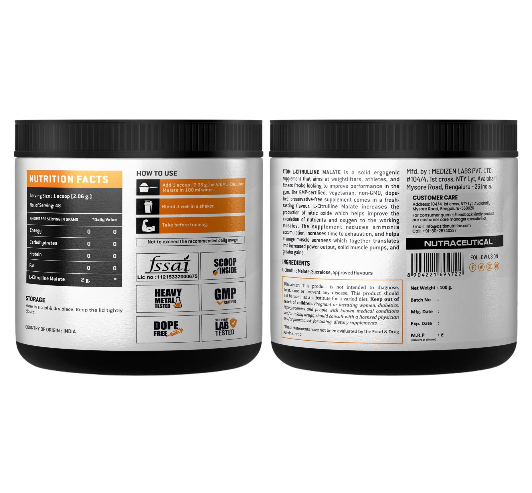 Asitis Nutrition AS-IT-IS ATOM L Citrulline Malate 2:1-100gms | 48 servings | 0 Sugar | Improves Tolerance to High-Intensity Exercise | Builds Stamina | Classic Rose Flavour