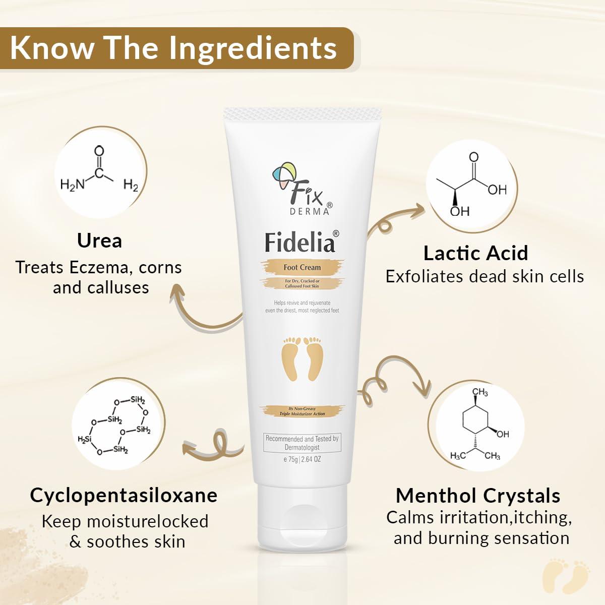 FIXDERMA Fixderma 5% Lactic Acid, 15% Urea, 3% Glycerine Fidelia Foot Cream For Dry & Cracked Feet, Moisturizes and Soothes Feet, Heel Repair Paraben & Sulphate Free, All Skin Types 75gm