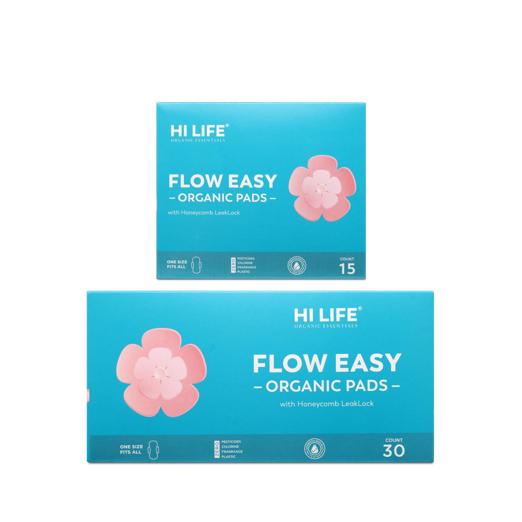 Hi Life Hi Life Flow Easy Organic Sanitary Pads | Rash free Sanitary Pads | 100% Organic Cotton Pads for Normal-Sensitive Skin | Sanitary Napkins for Heavy Flow with Free Disposal Bags | Leak Proof & Full Coverage X-Large Sanitary Pads| Super-Absorbent with